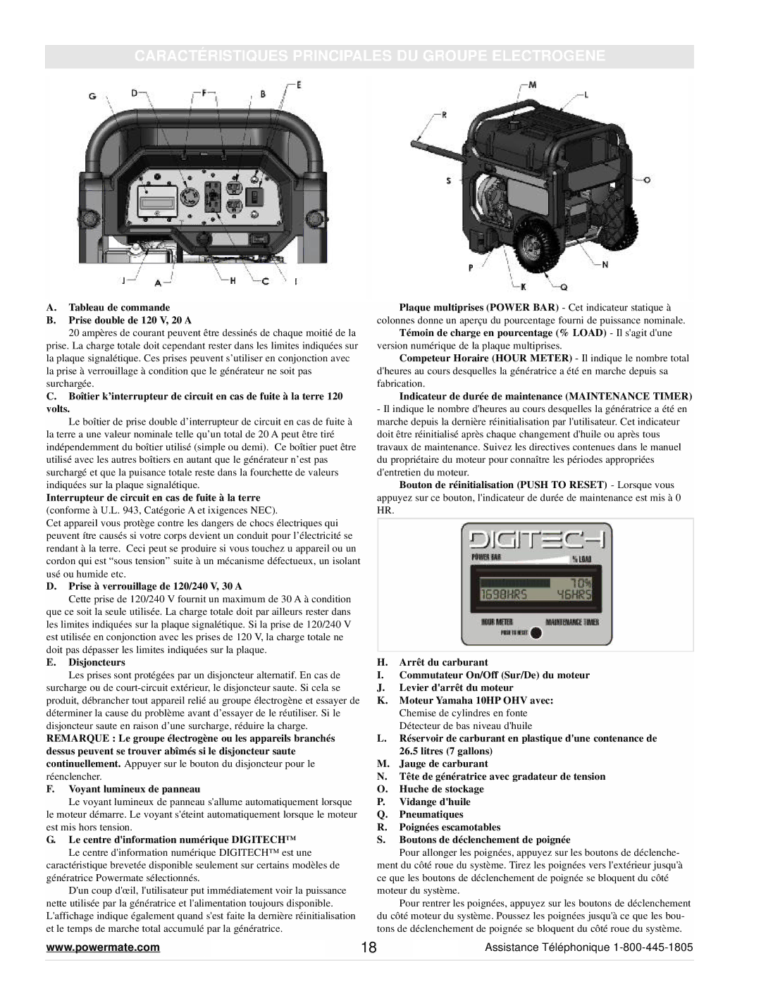 Powermate PMC645500 manual Caractéristiques Principales DU Groupe Electrogene 