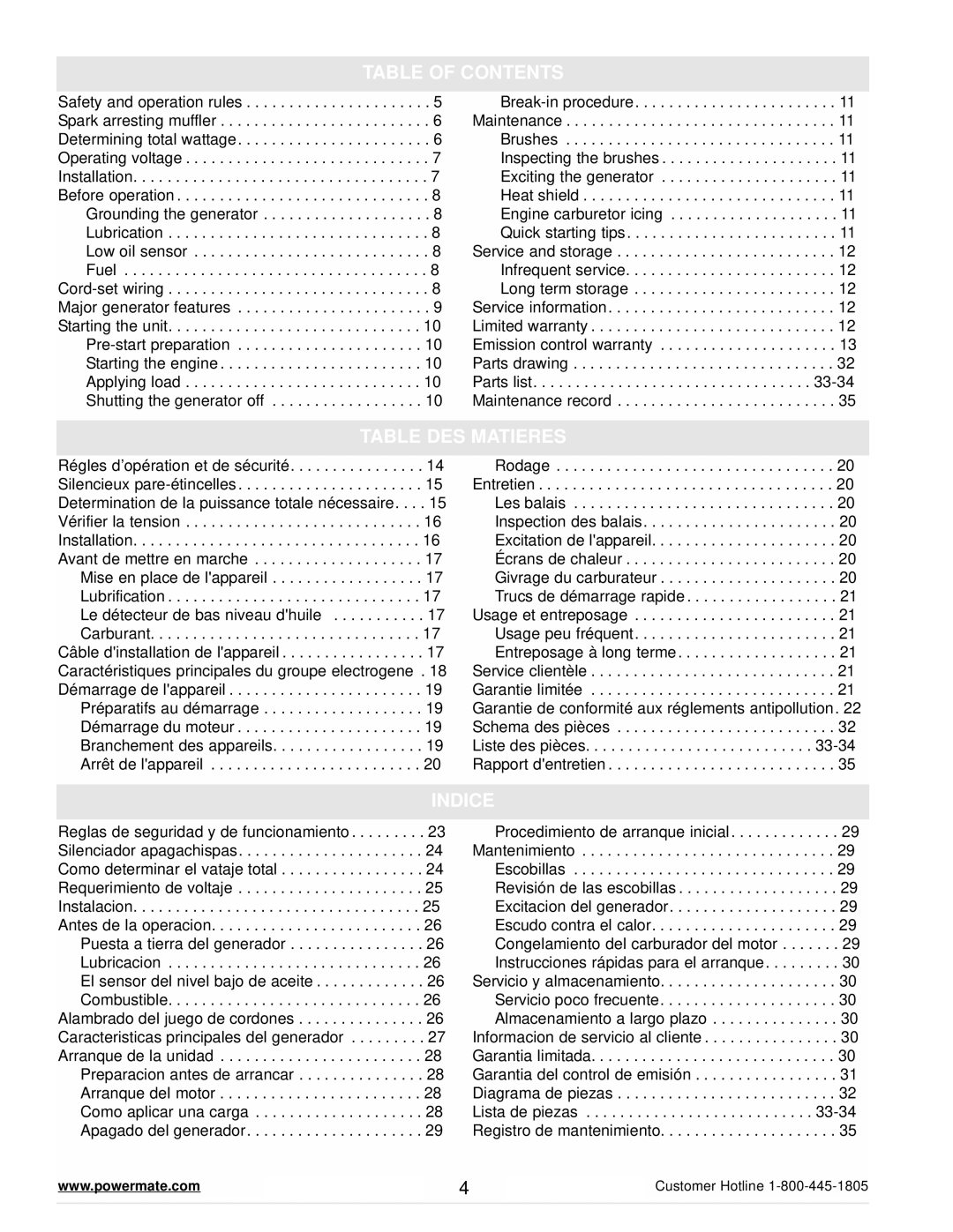 Powermate PMC645500 manual Table of Contents, Table DES Matieres, Indice 