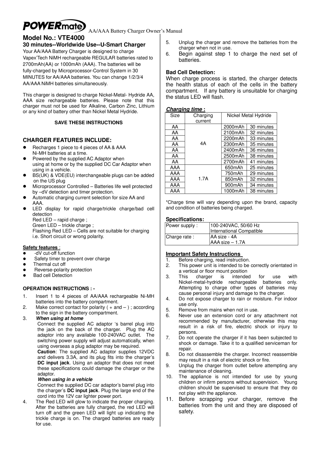 Powermate VTE4000 important safety instructions Bad Cell Detection, Specifications, Important Safety Instructions 