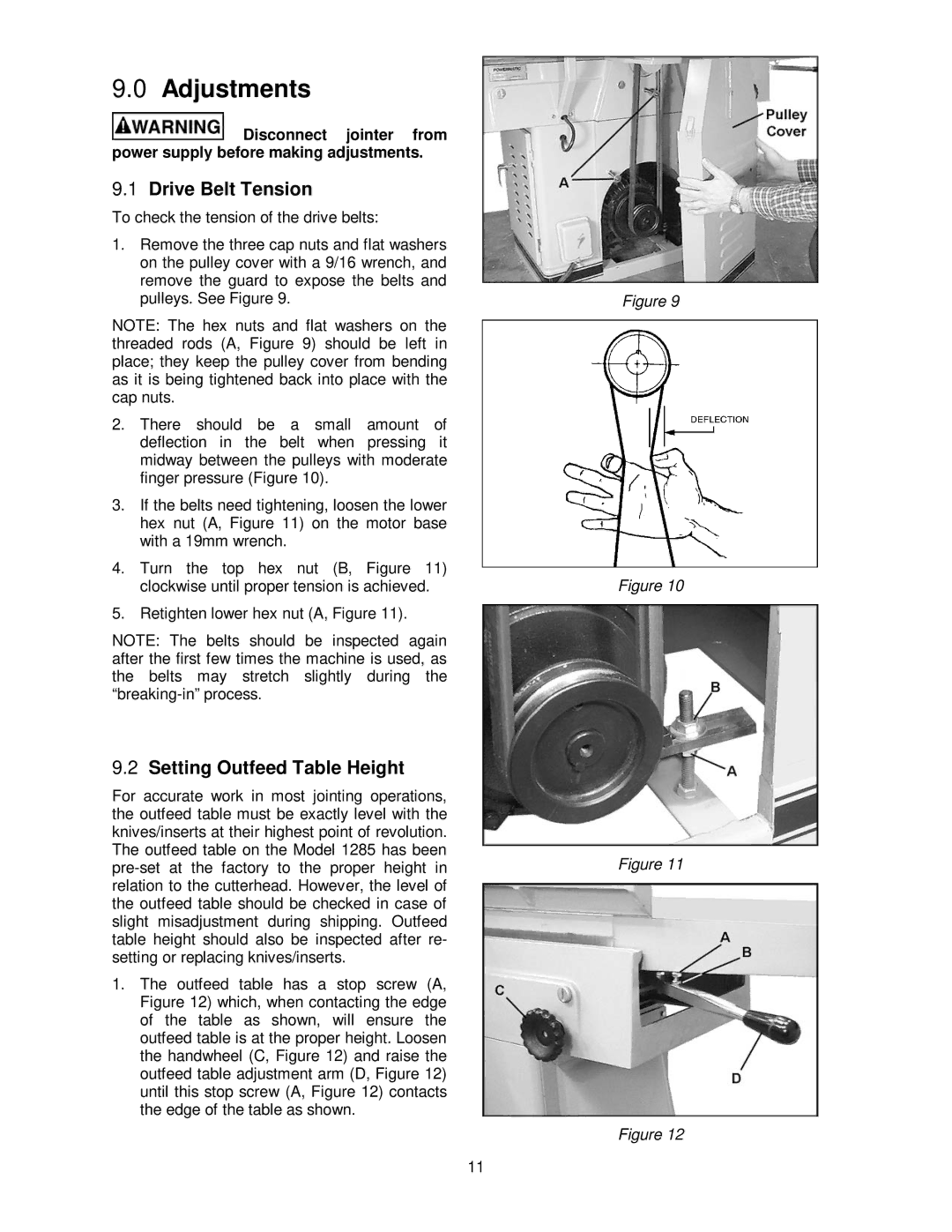 Powermatic 1285 operating instructions Adjustments, Drive Belt Tension, Setting Outfeed Table Height 