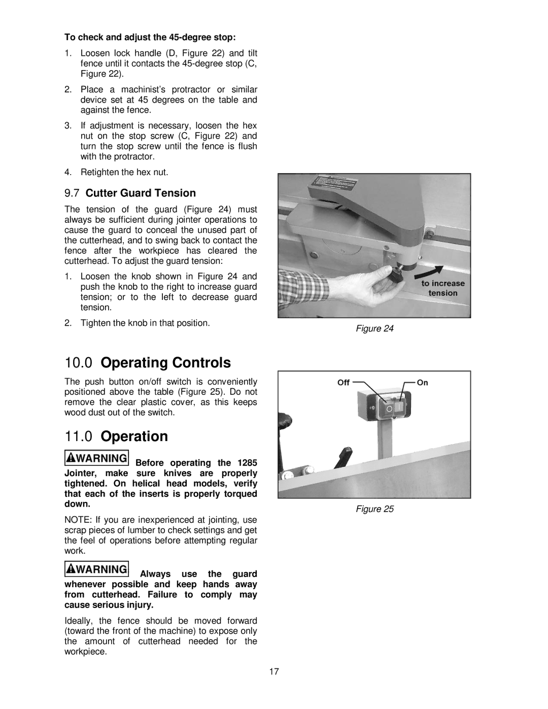 Powermatic 1285 Operating Controls, Operation, Cutter Guard Tension, To check and adjust the 45-degree stop 