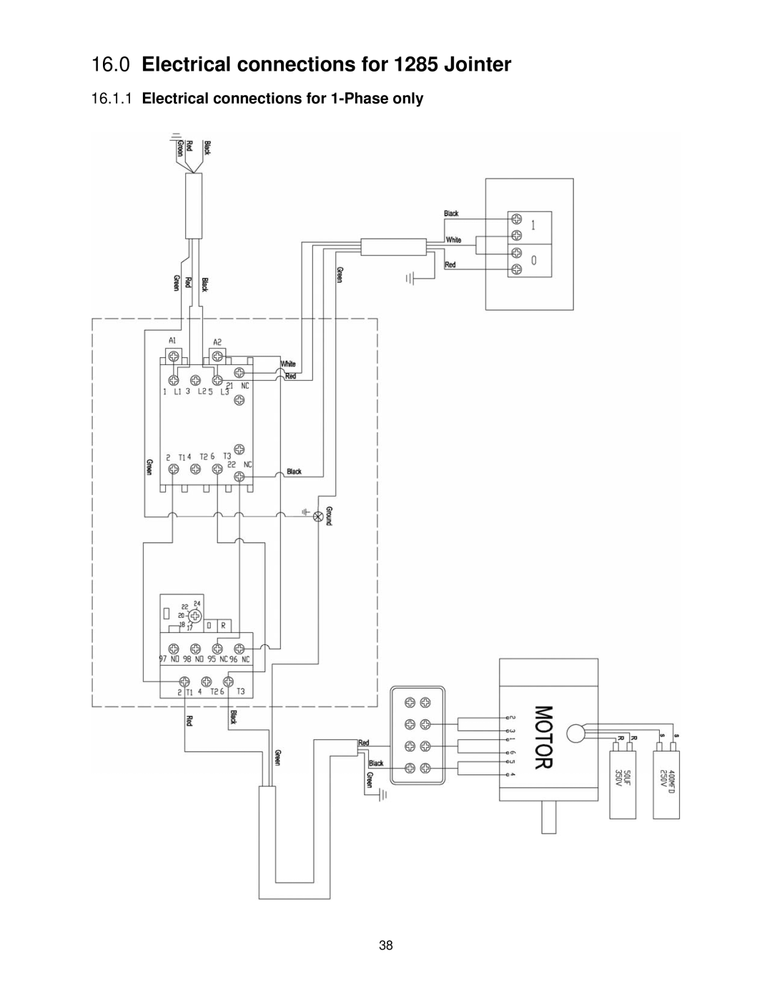 Powermatic operating instructions Electrical connections for 1285 Jointer, Electrical connections for 1-Phase only 