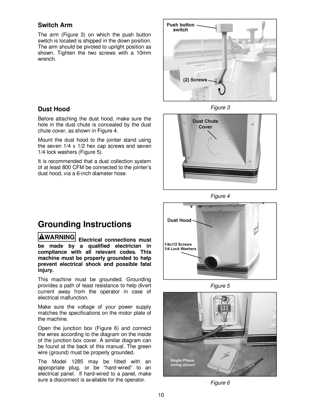 Powermatic 1285 operating instructions Grounding Instructions, Switch Arm, Dust Hood 