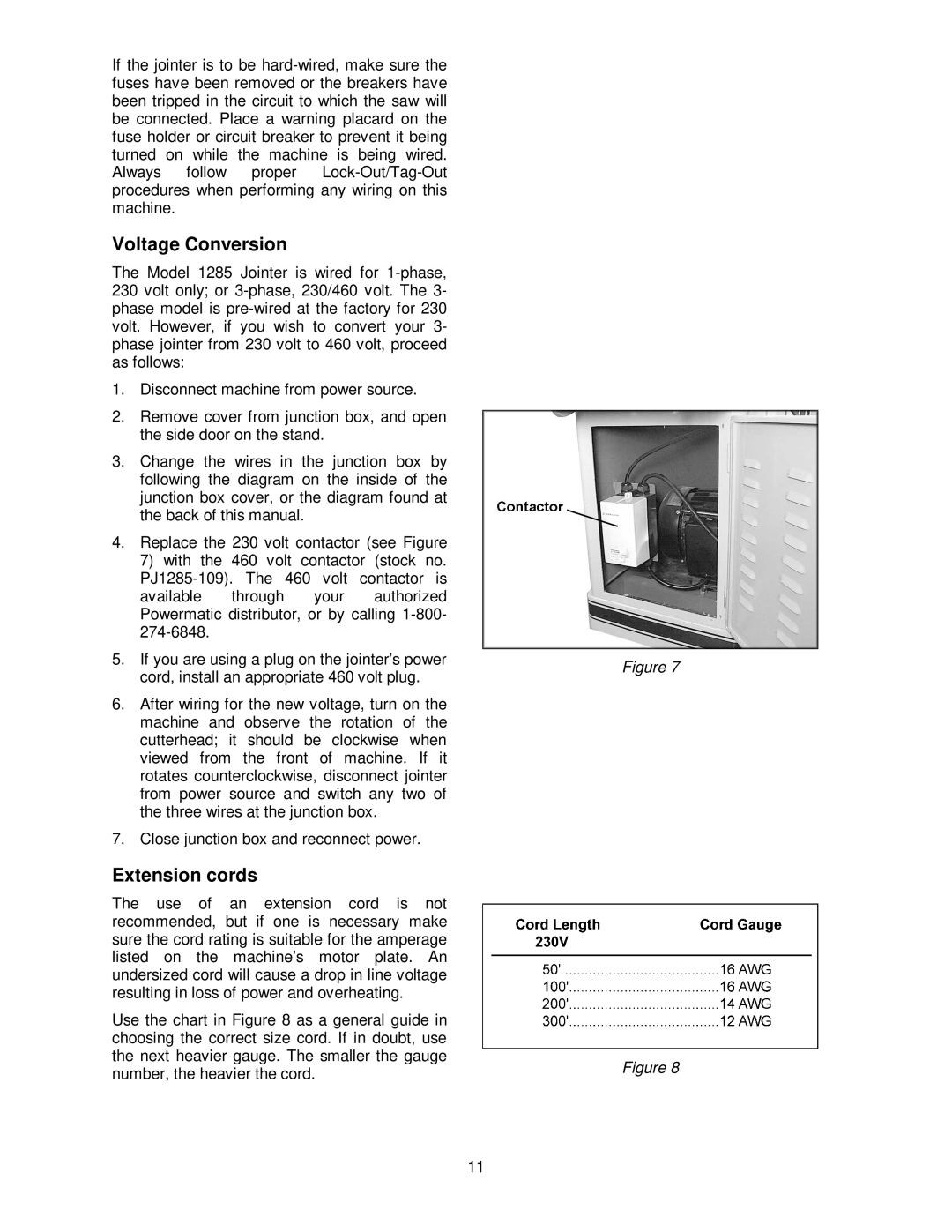 Powermatic 1285 operating instructions Voltage Conversion, Extension cords 