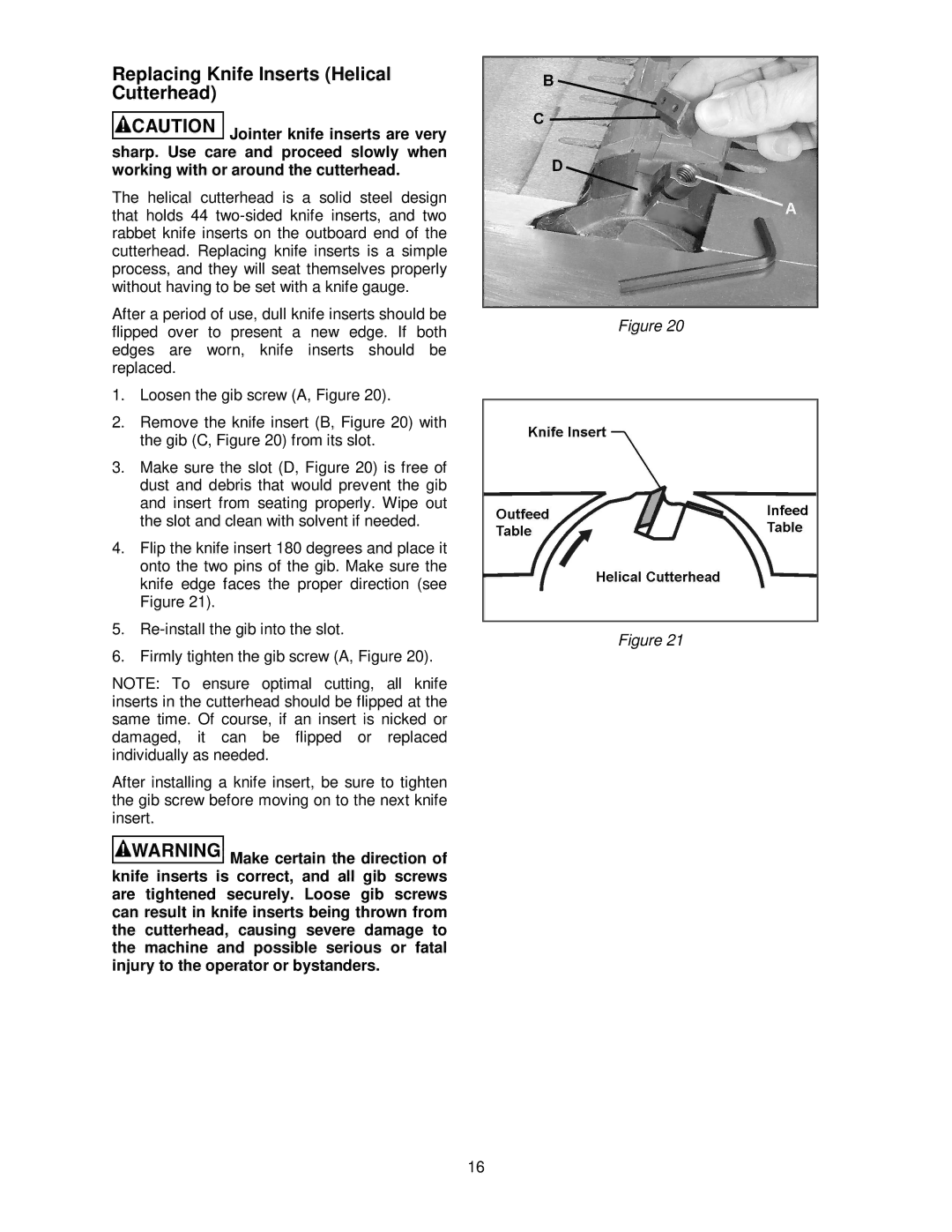 Powermatic 1285 operating instructions Replacing Knife Inserts Helical Cutterhead 