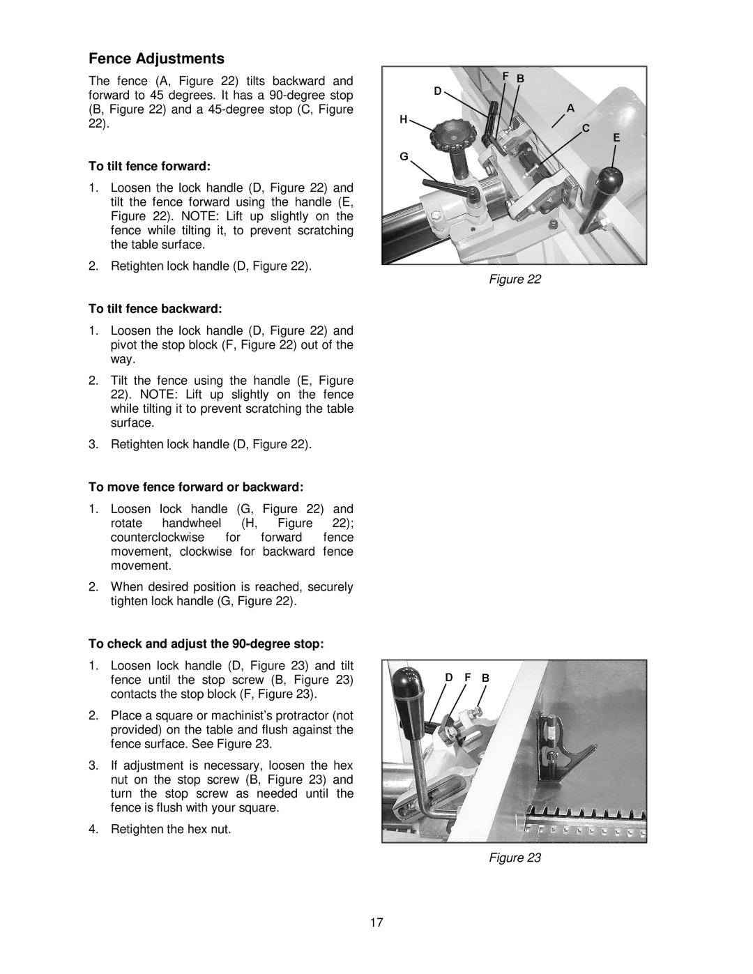 Powermatic 1285 Fence Adjustments, To tilt fence forward, To tilt fence backward, To move fence forward or backward 