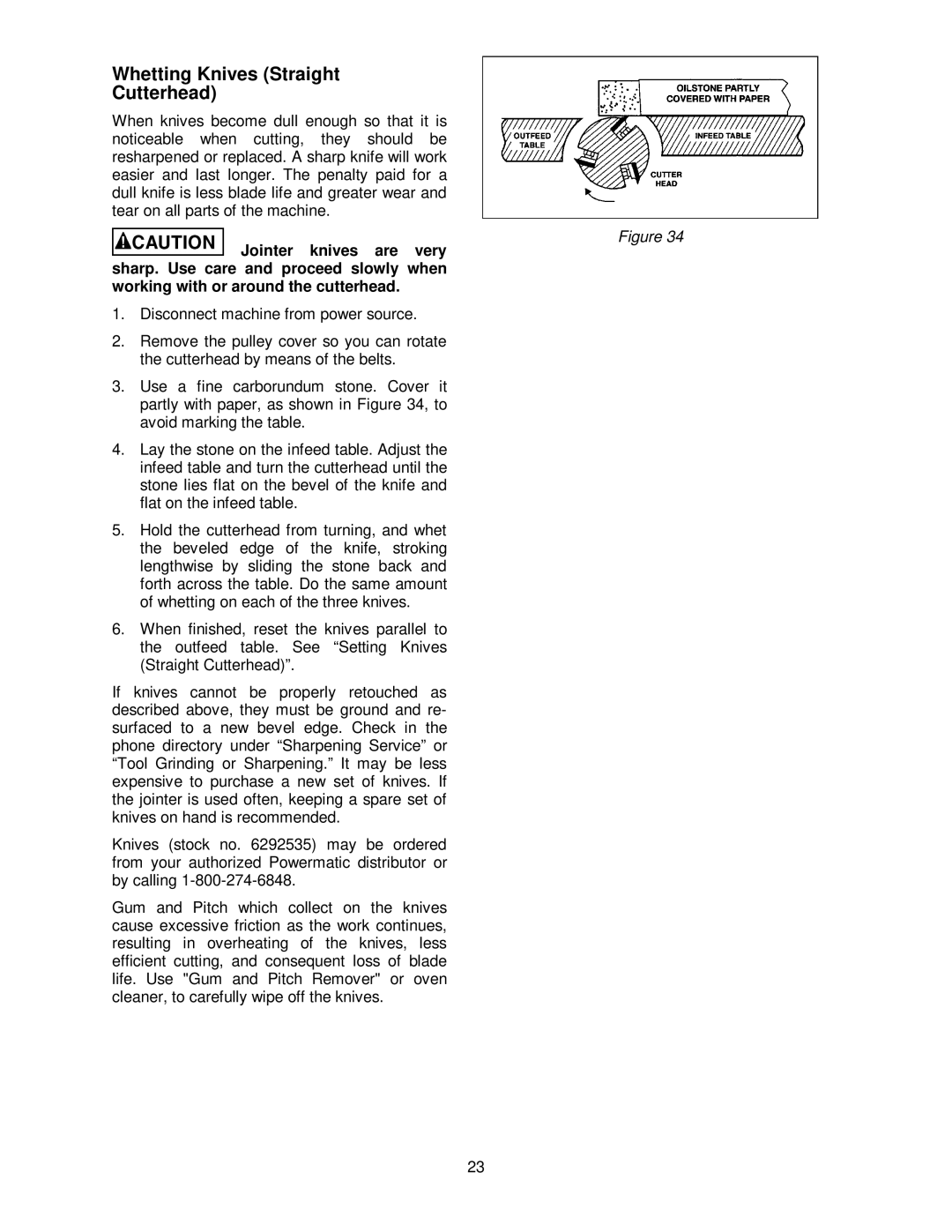 Powermatic 1285 operating instructions Whetting Knives Straight Cutterhead 