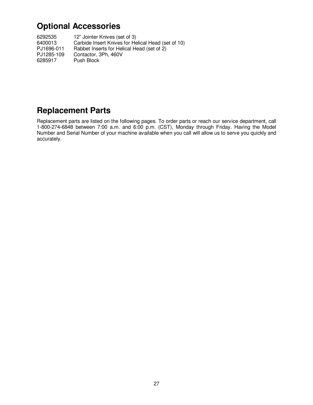 Powermatic 1285 operating instructions Optional Accessories, Replacement Parts 