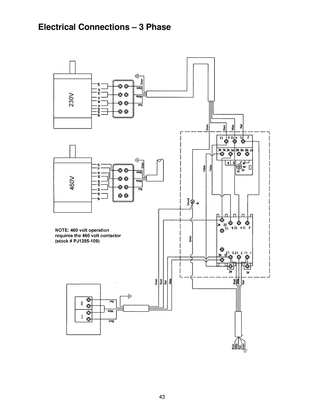 Powermatic 1285 operating instructions Electrical Connections 3 Phase 