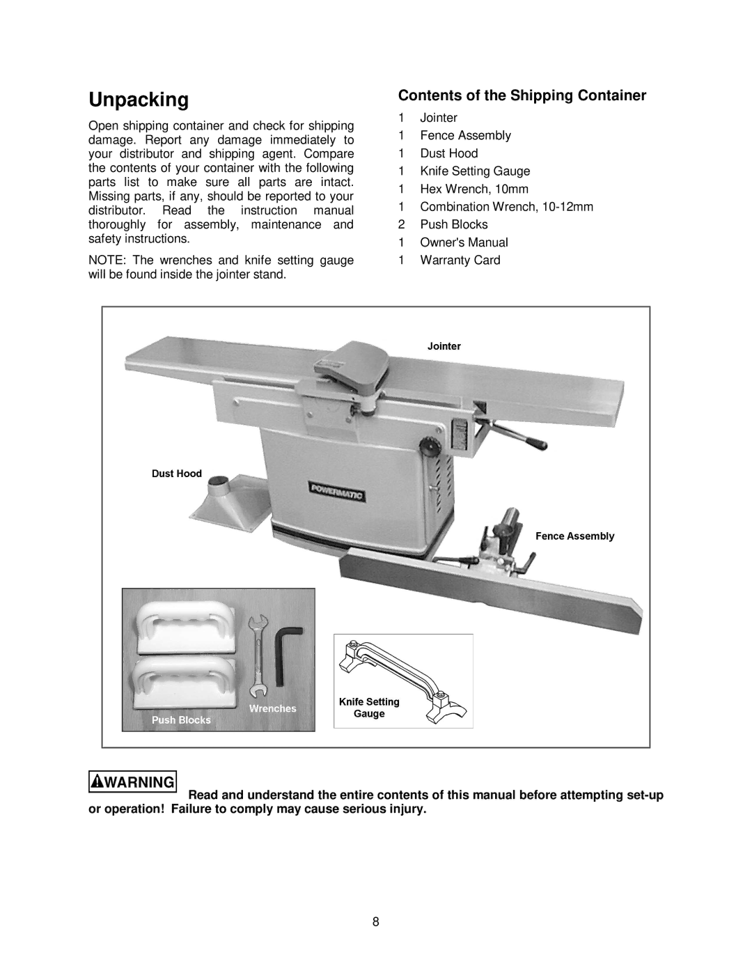 Powermatic 1285 operating instructions Unpacking, Contents of the Shipping Container 