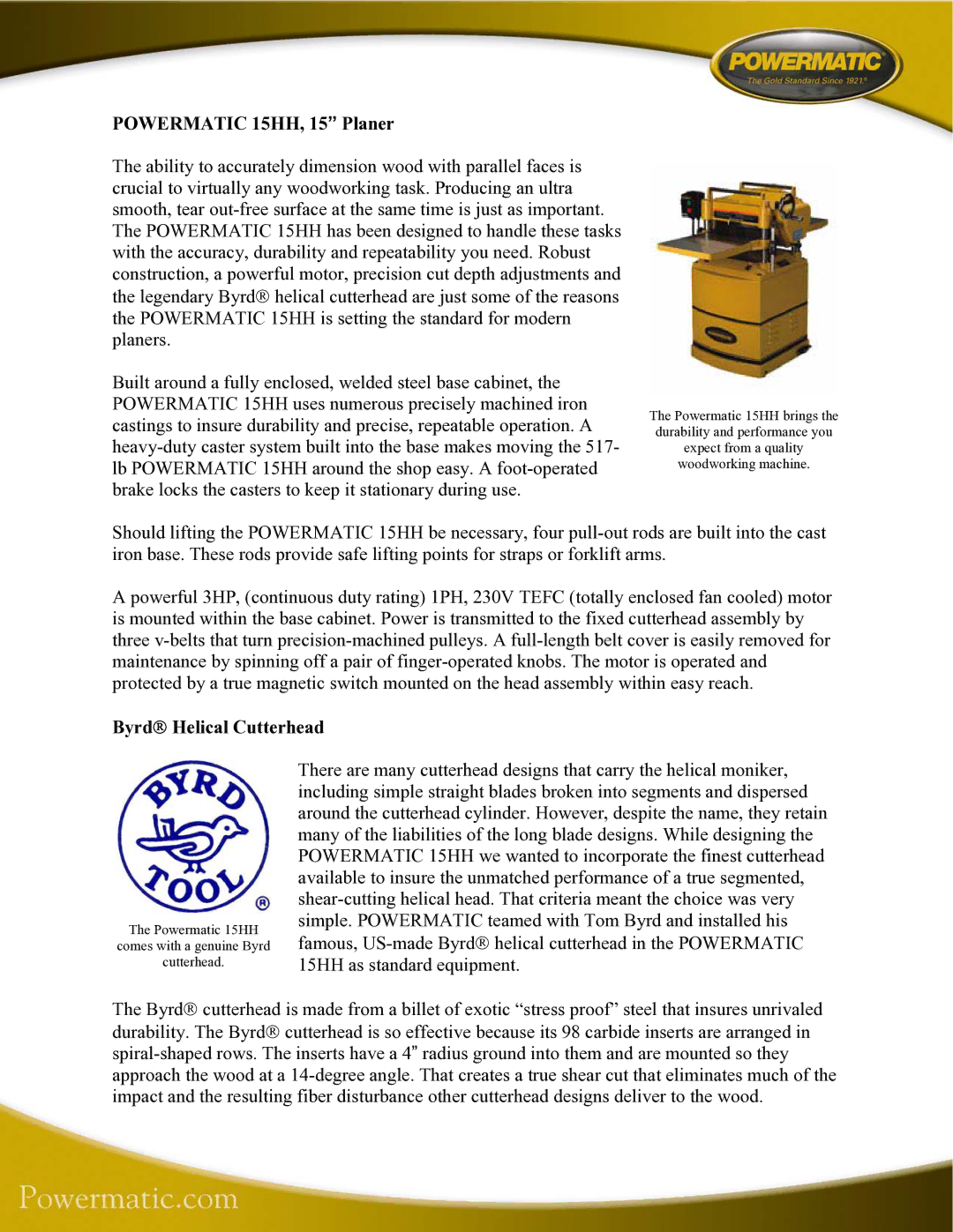 Powermatic manual Powermatic 15HH, 15 Planer, Byrd Helical Cutterhead 