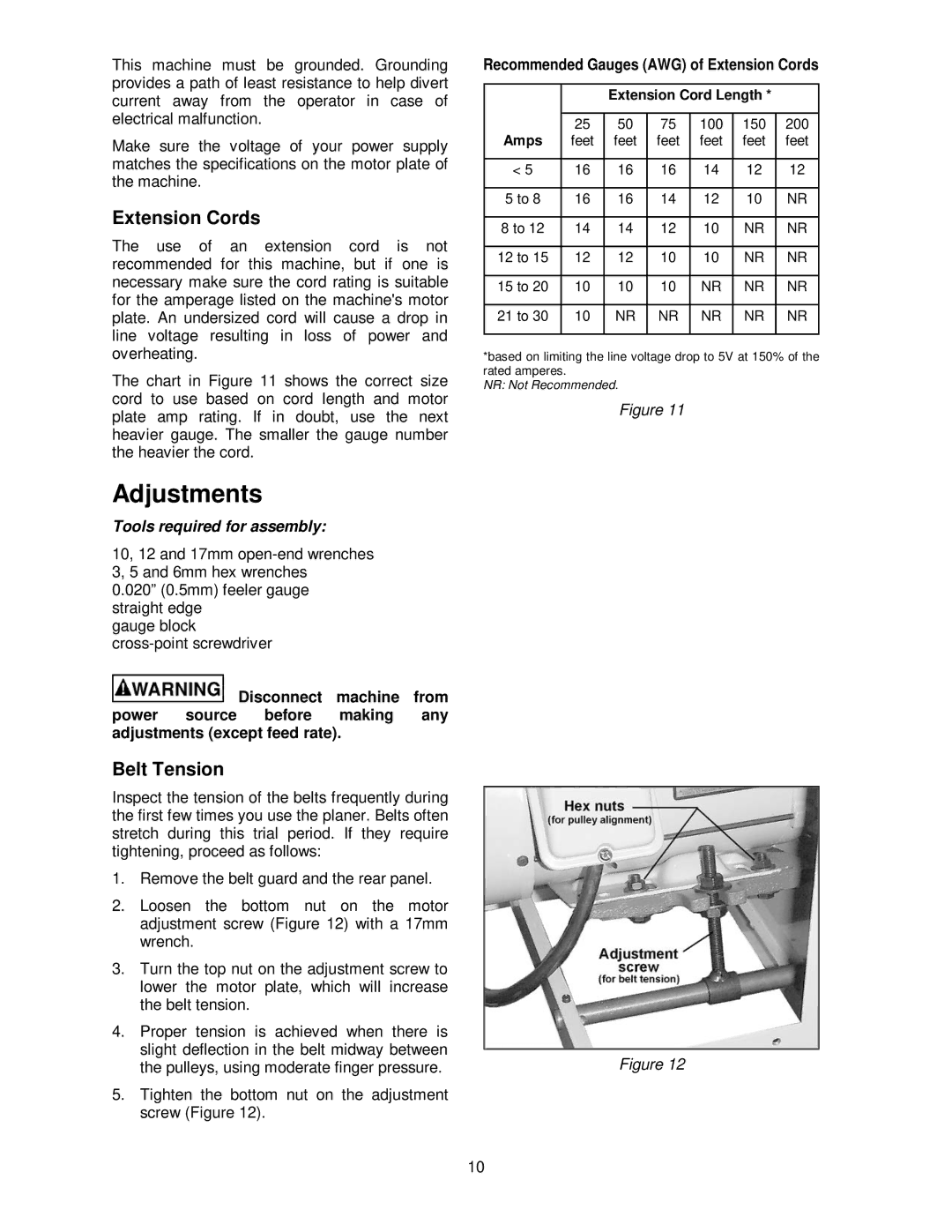 Powermatic 15HH operating instructions Adjustments, Belt Tension, Recommended Gauges AWG of Extension Cords 