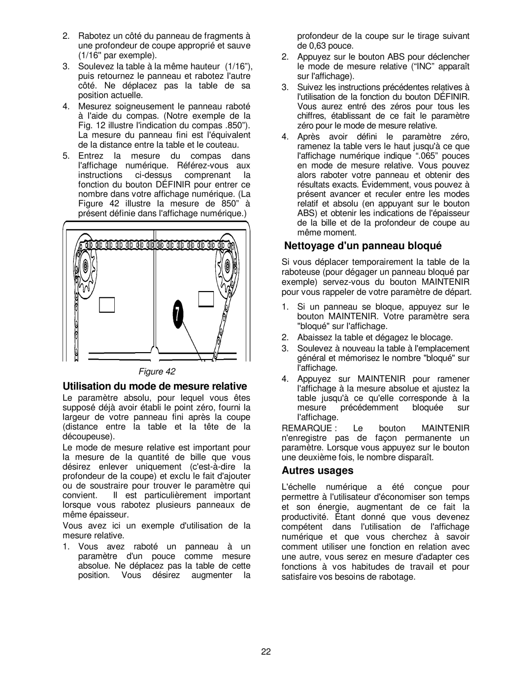 Powermatic 15HH operating instructions Utilisation du mode de mesure relative, Nettoyage dun panneau bloqué, Autres usages 