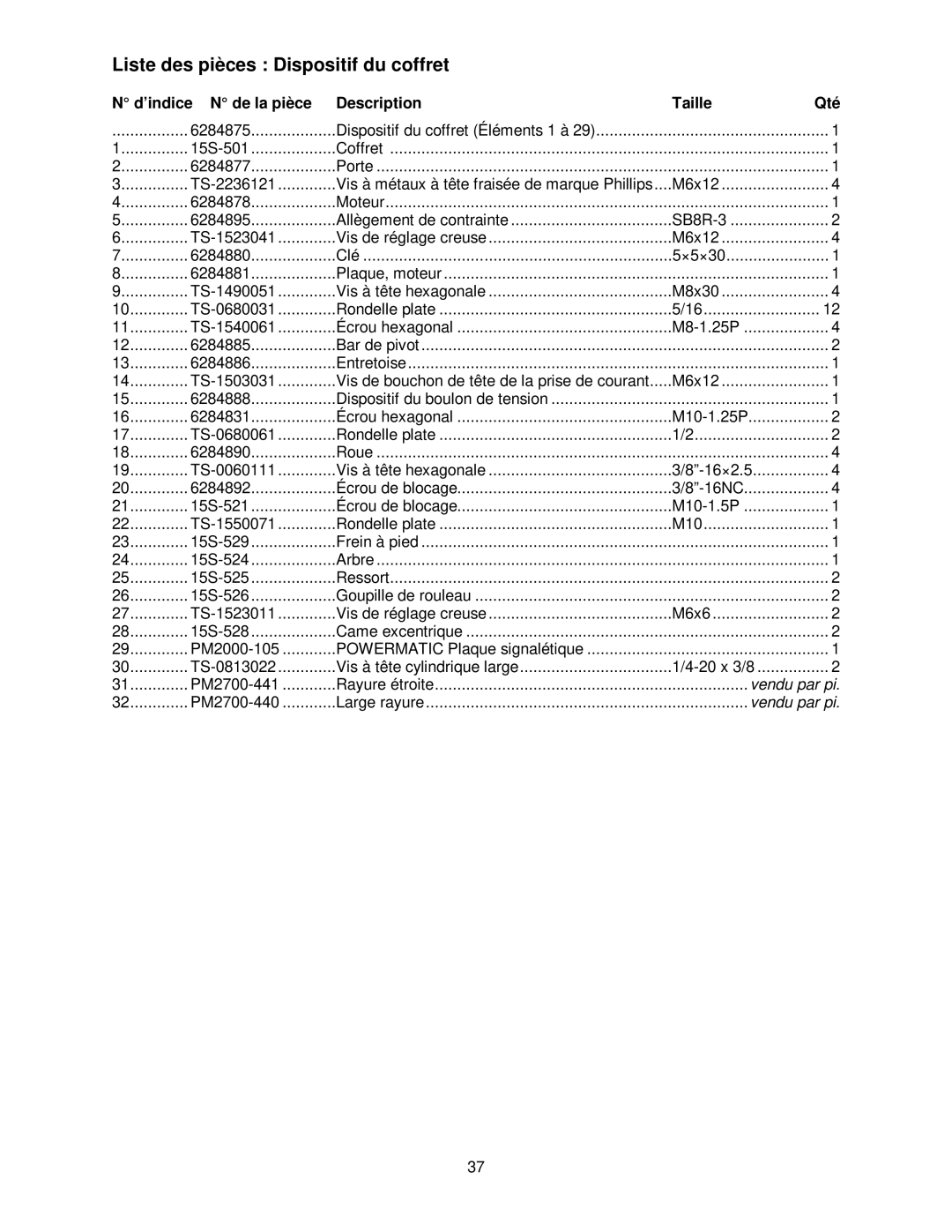 Powermatic 15HH operating instructions Liste des pièces Dispositif du coffret 