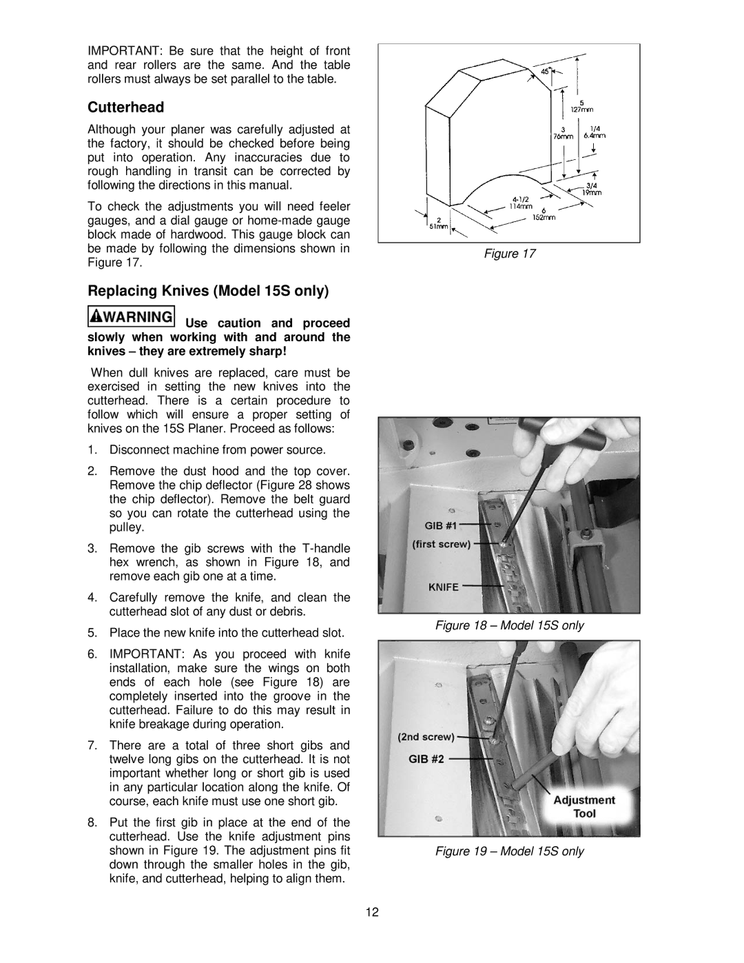 Powermatic 15HH operating instructions Cutterhead, Replacing Knives Model 15S only 