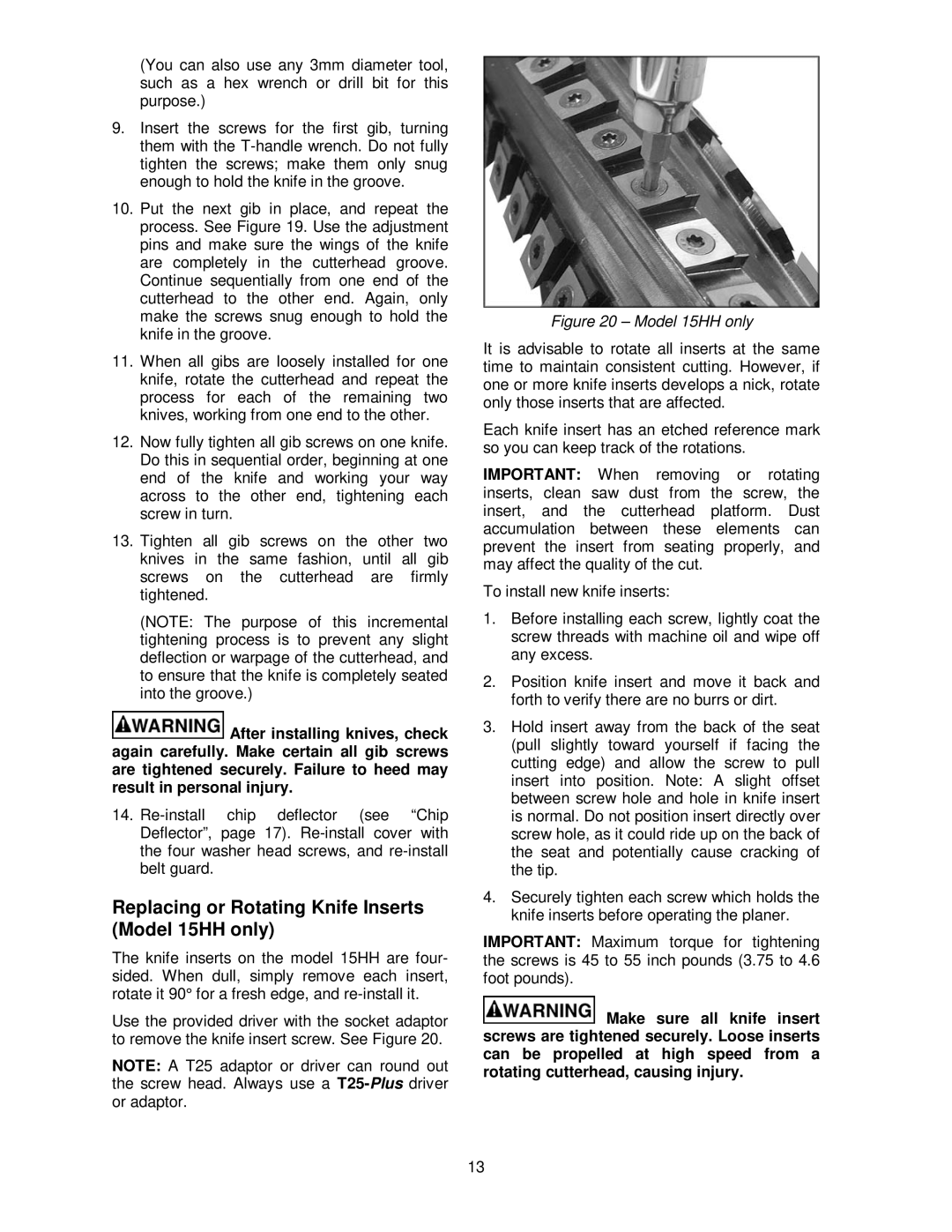 Powermatic operating instructions Replacing or Rotating Knife Inserts Model 15HH only 