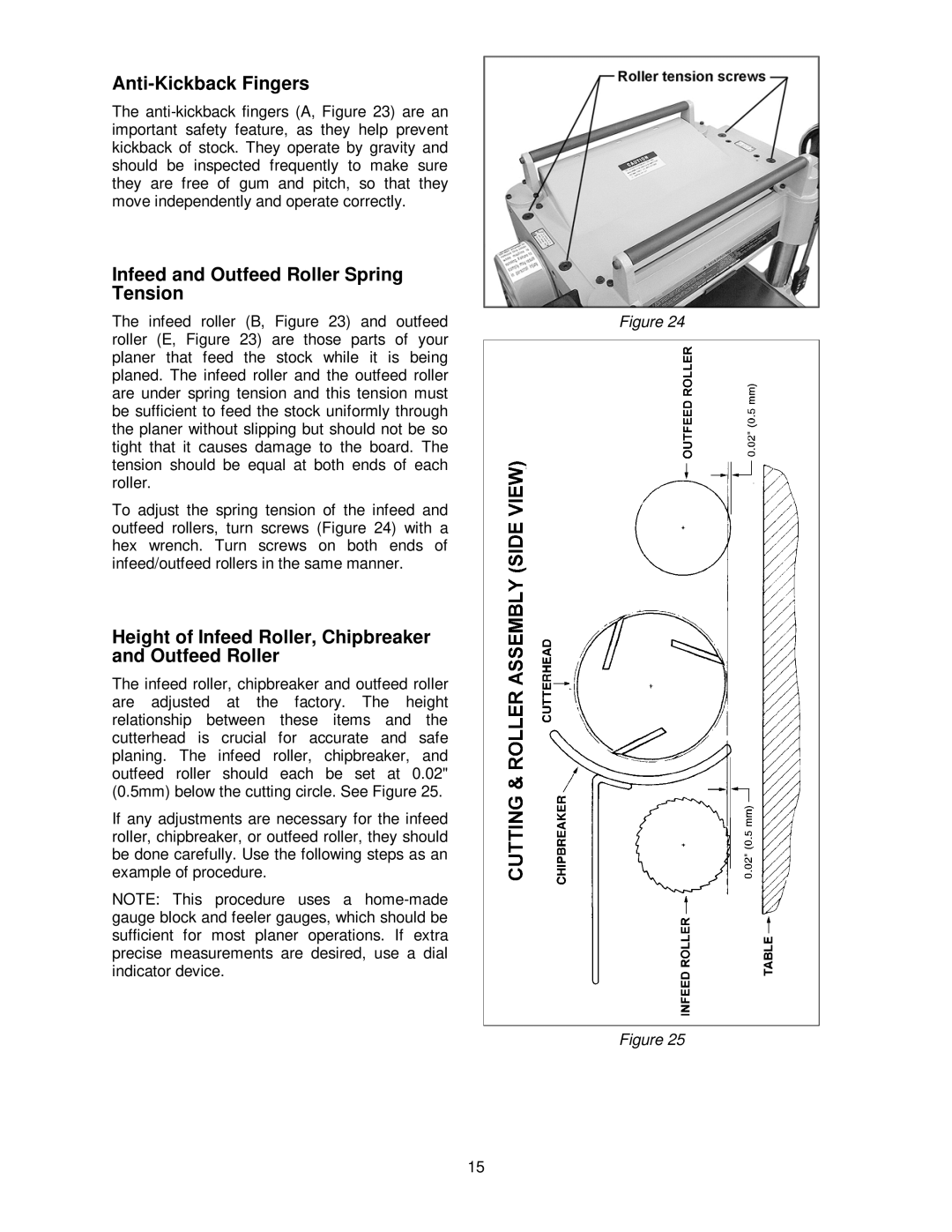 Powermatic 15HH operating instructions Anti-Kickback Fingers, Infeed and Outfeed Roller Spring Tension 