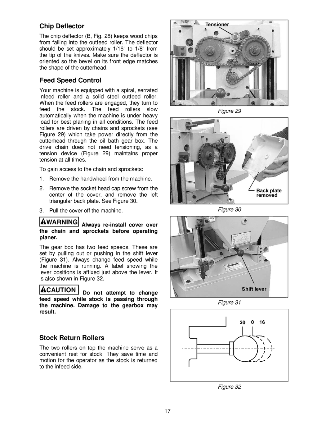 Powermatic 15HH operating instructions Chip Deflector, Feed Speed Control, Stock Return Rollers 