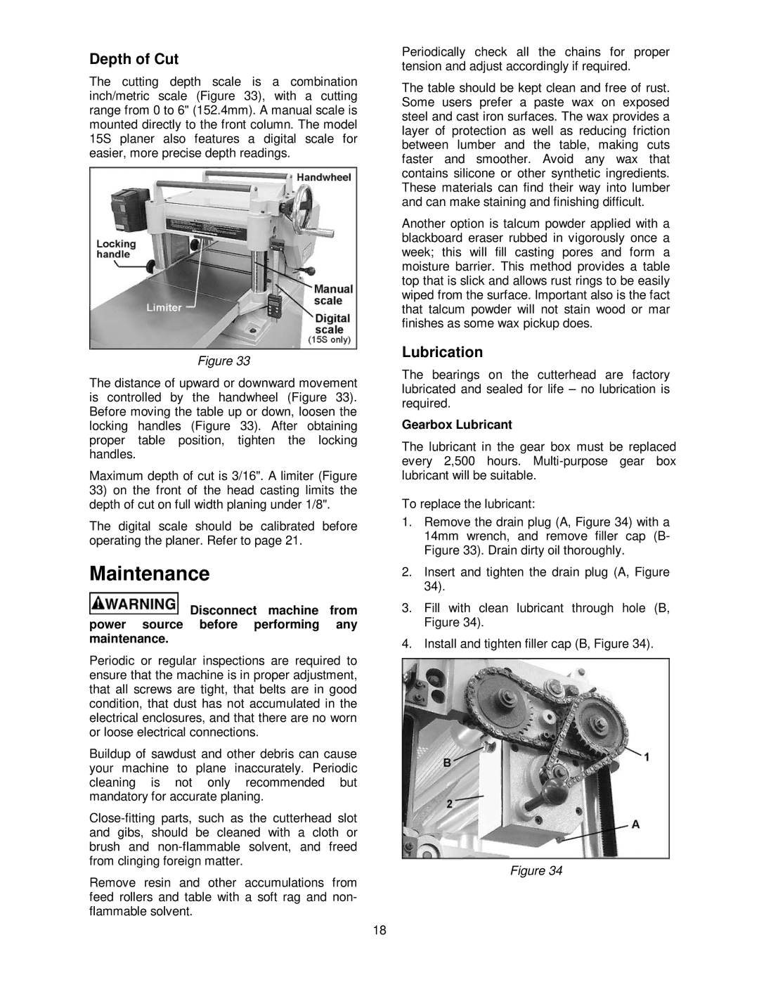 Powermatic 15HH operating instructions Maintenance, Depth of Cut, Lubrication, Gearbox Lubricant 