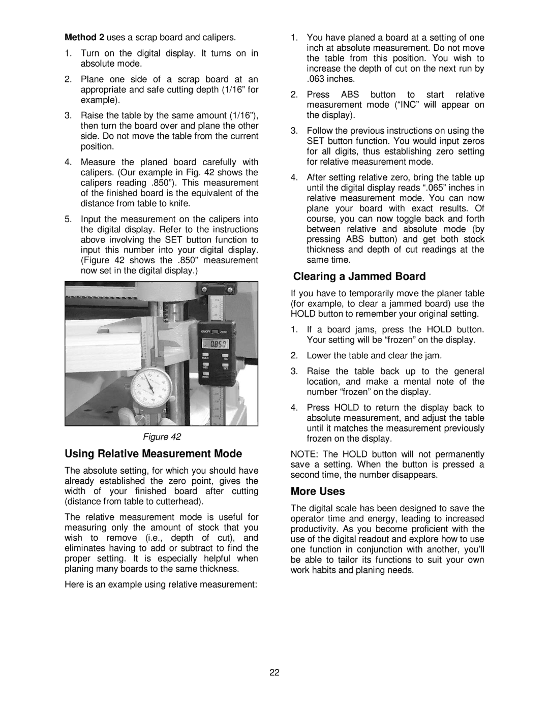 Powermatic 15HH operating instructions Using Relative Measurement Mode, Clearing a Jammed Board, More Uses 