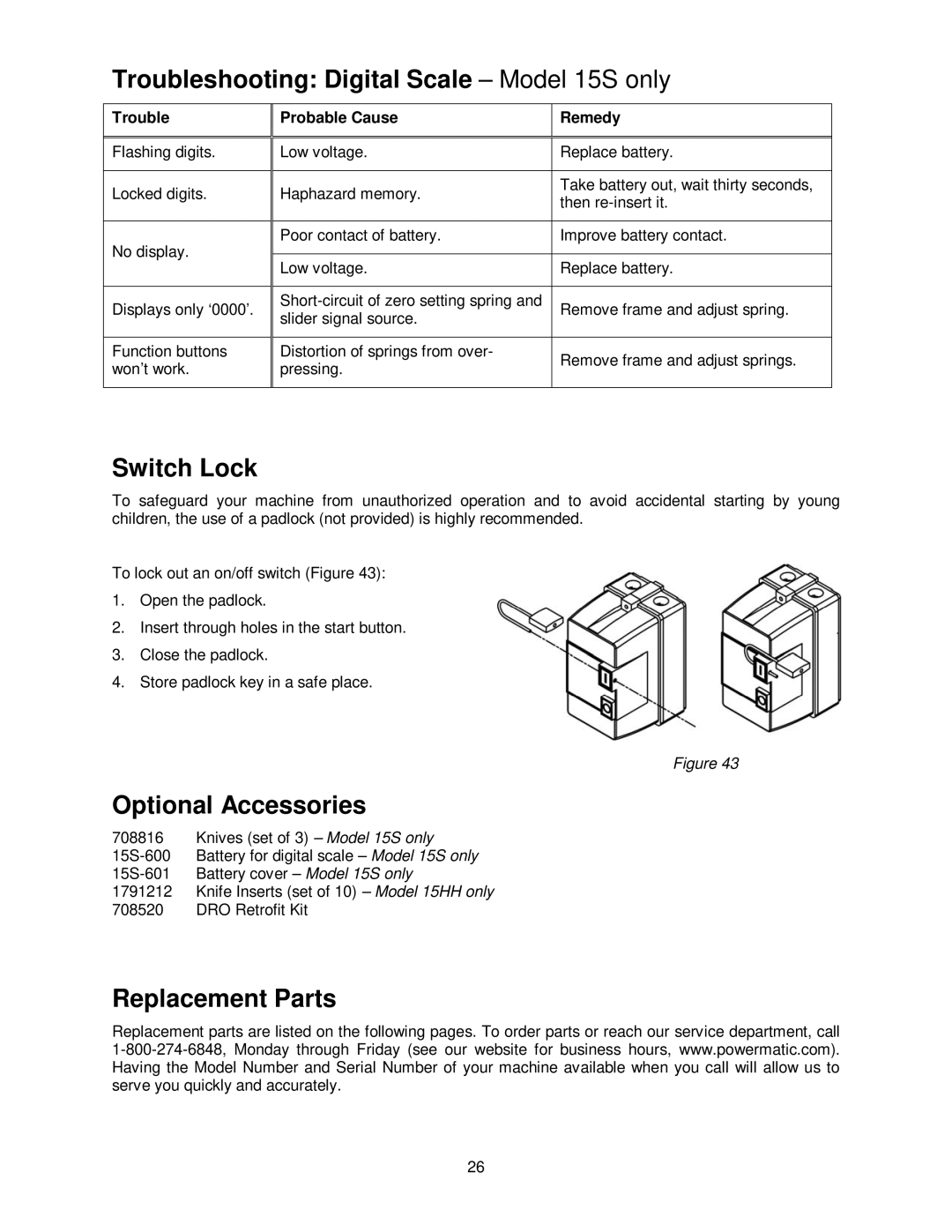 Powermatic 15HH Troubleshooting Digital Scale Model 15S only, Switch Lock, Optional Accessories, Replacement Parts 