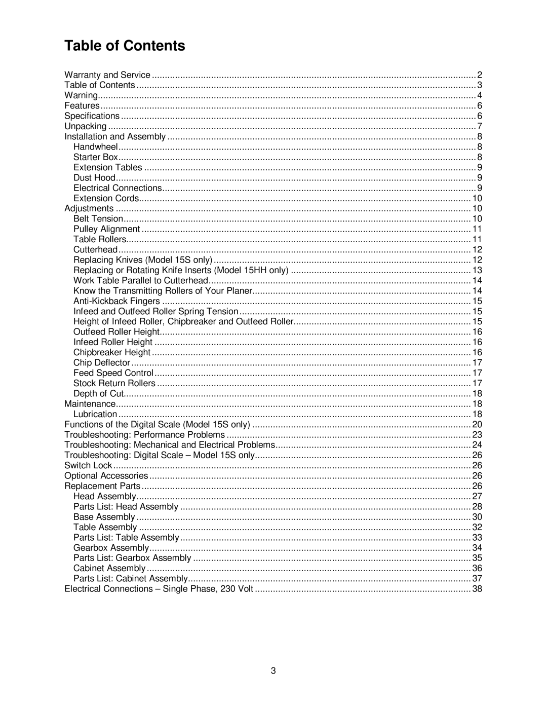 Powermatic 15HH operating instructions Table of Contents 