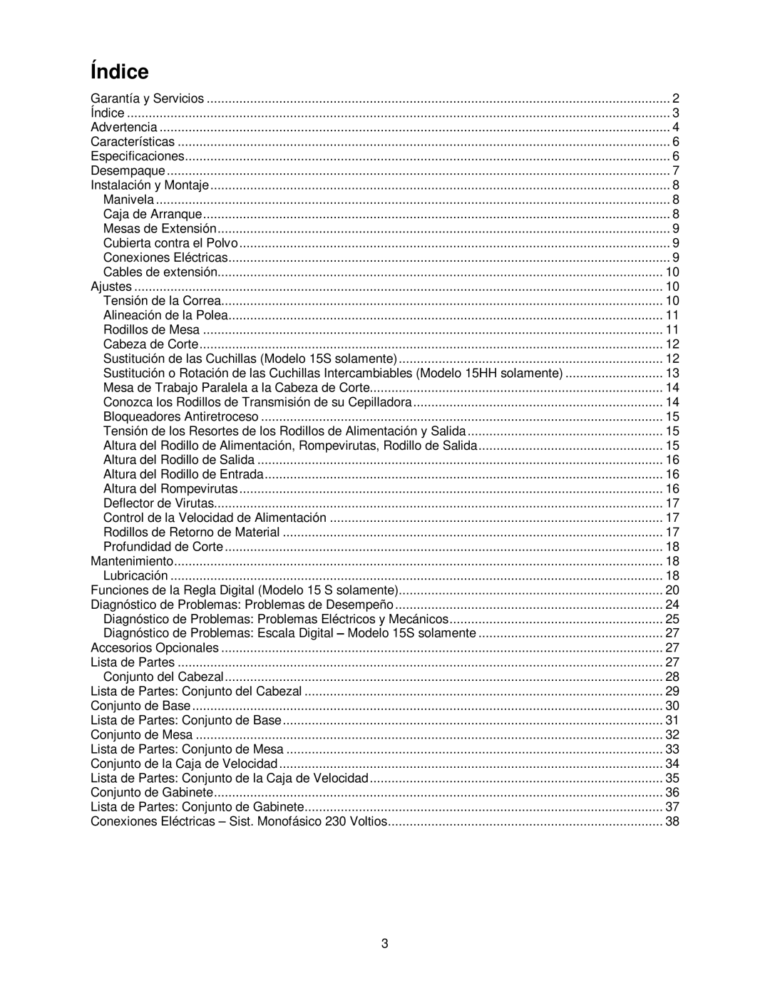 Powermatic 15HH operating instructions Índice, Conozca los Rodillos de Transmisión de su Cepilladora 