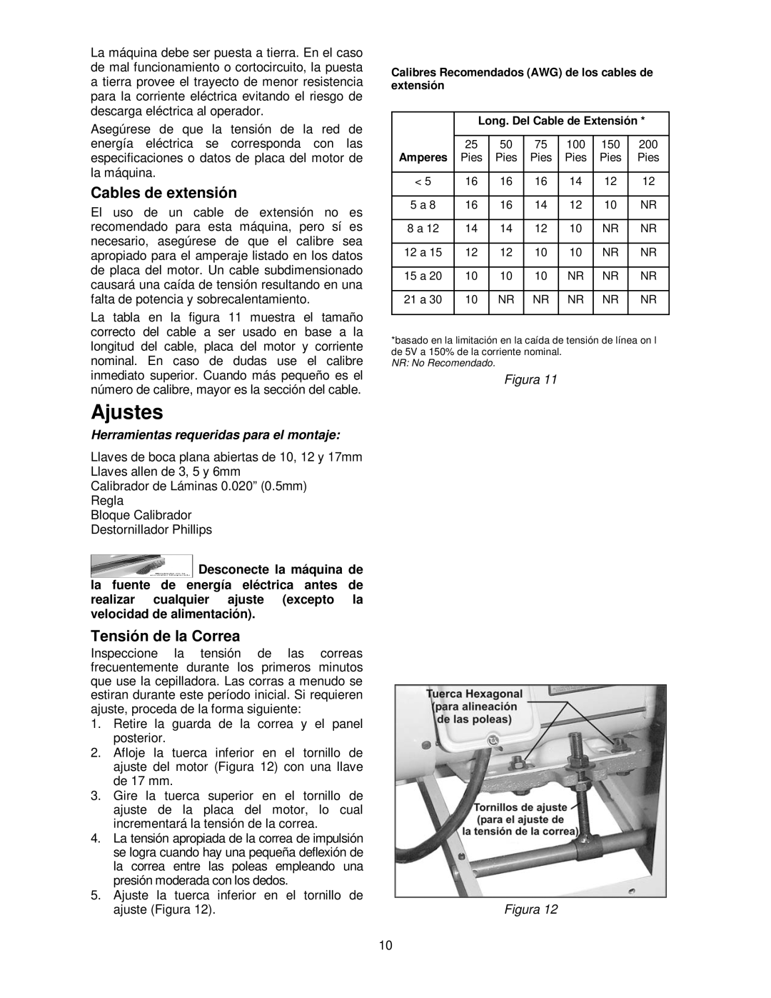 Powermatic 15HH operating instructions Ajustes, Cables de extensión, Tensión de la Correa 