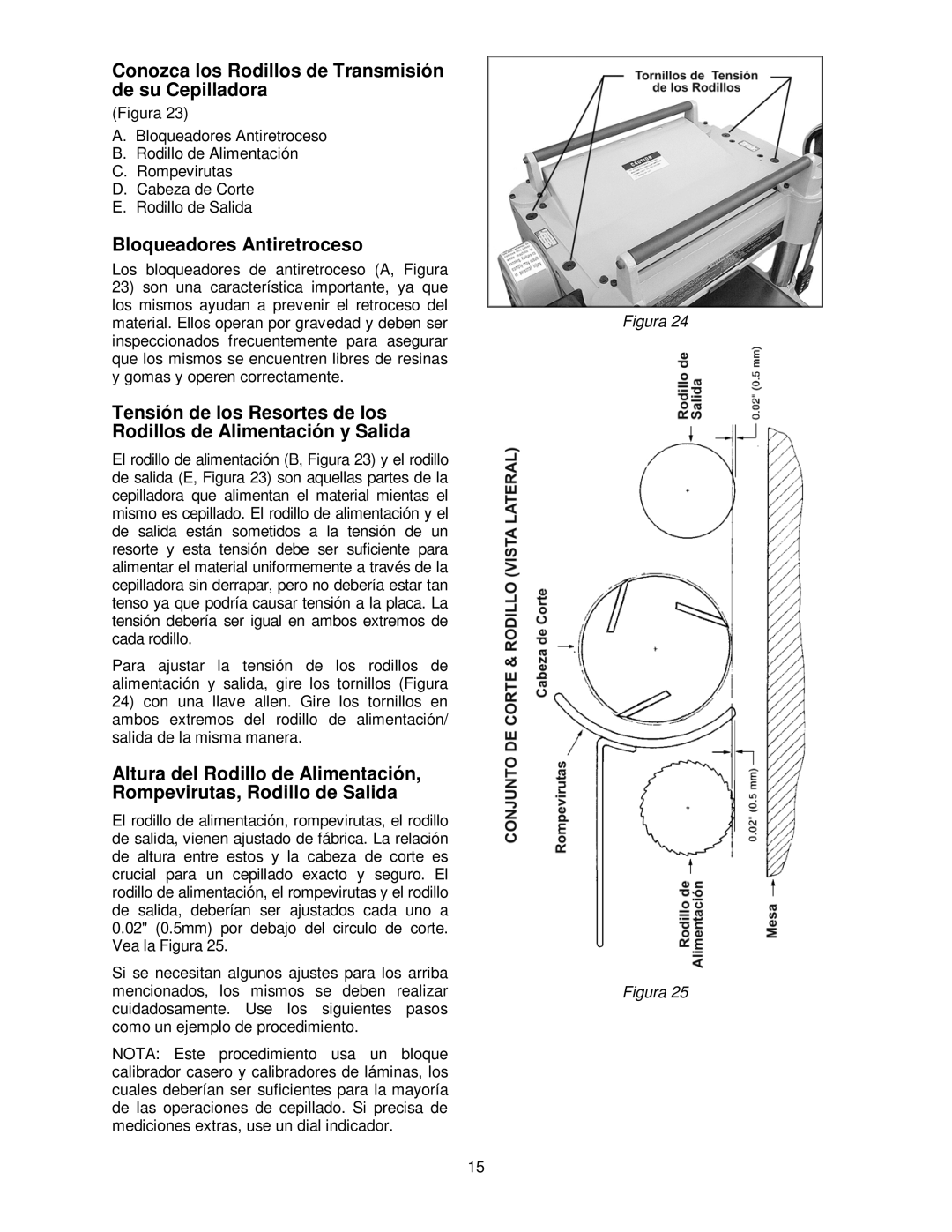 Powermatic 15HH operating instructions Conozca los Rodillos de Transmisión de su Cepilladora, Bloqueadores Antiretroceso 