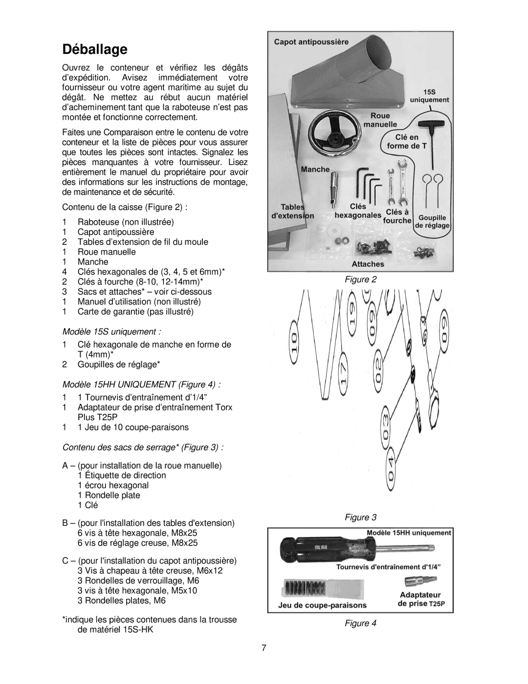 Powermatic operating instructions Déballage, Modèle 15HH Uniquement Figure 