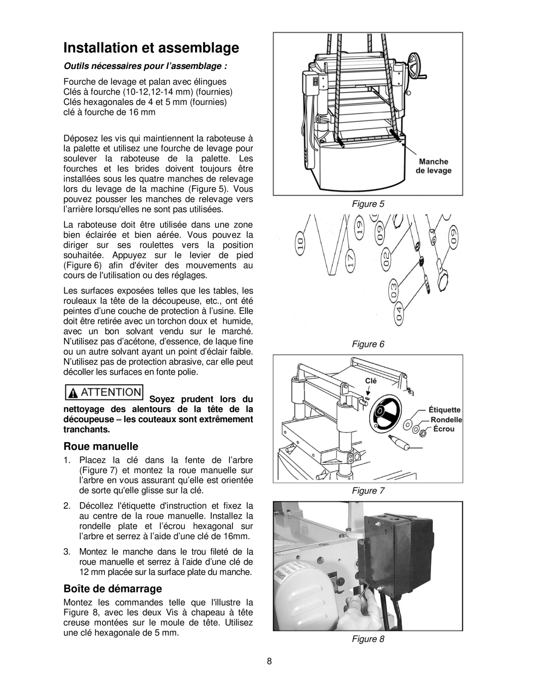 Powermatic 15HH operating instructions Installation et assemblage, Roue manuelle, Boîte de démarrage 