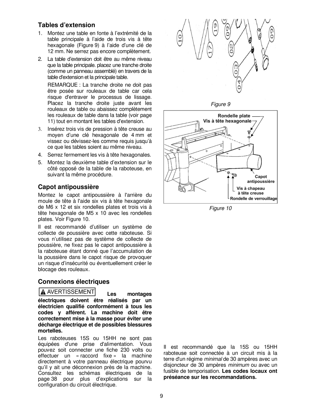 Powermatic 15HH operating instructions Tables d’extension, Capot antipoussière, Connexions électriques 