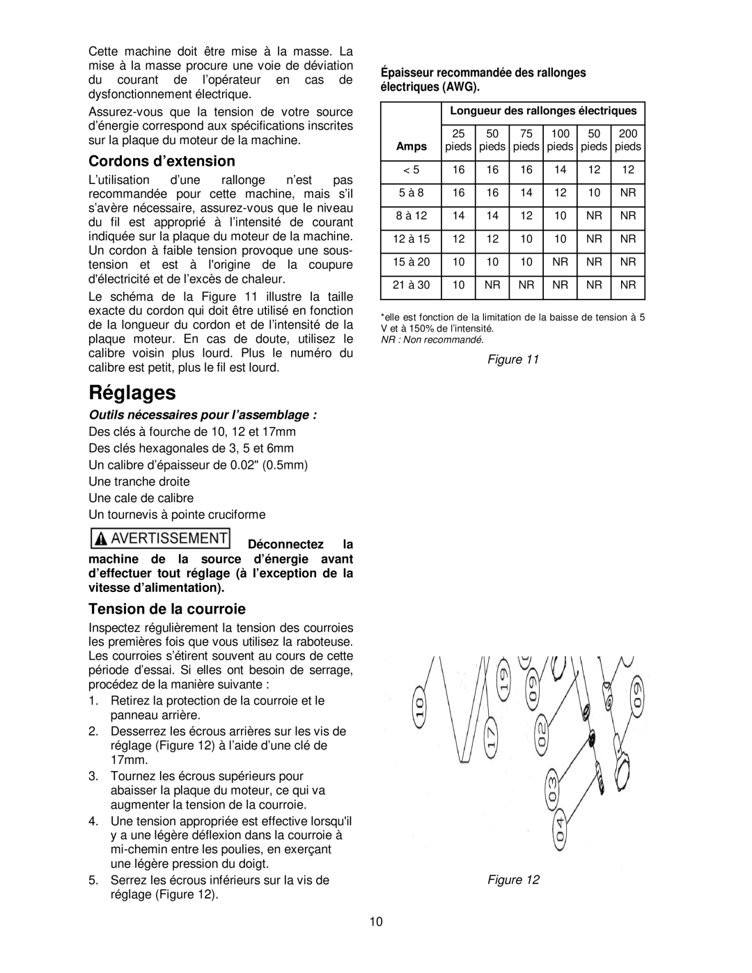 Powermatic 15HH Réglages, Cordons d’extension, Tension de la courroie, Épaisseur recommandée des rallonges électriques AWG 