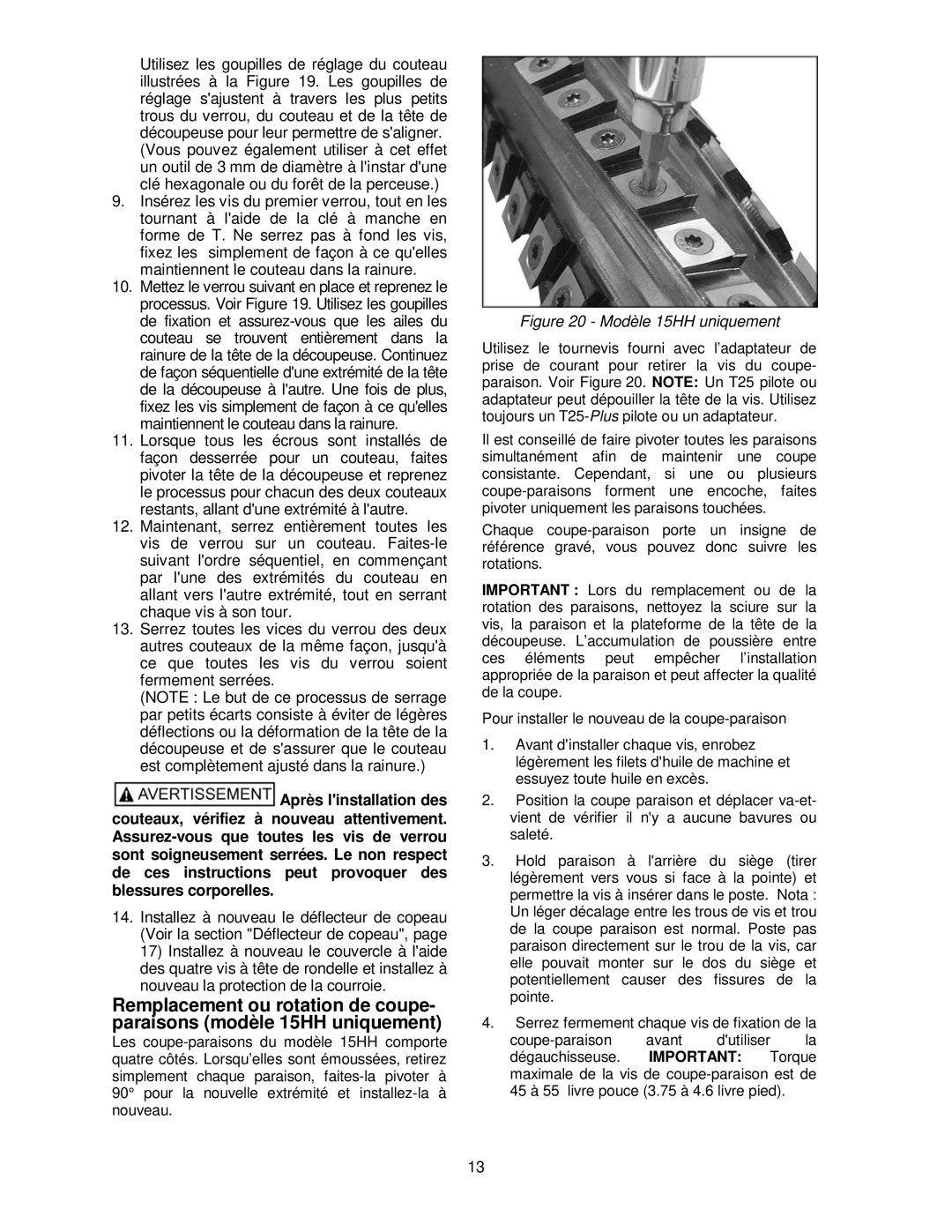 Powermatic operating instructions Modèle 15HH uniquement 