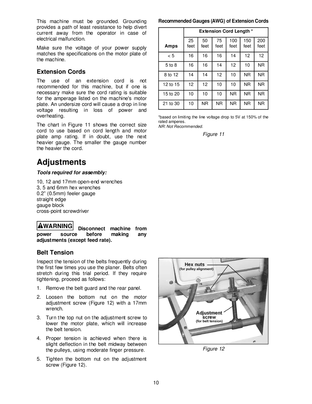 Powermatic 15S, 15H operating instructions Adjustments, Belt Tension, Recommended Gauges AWG of Extension Cords 