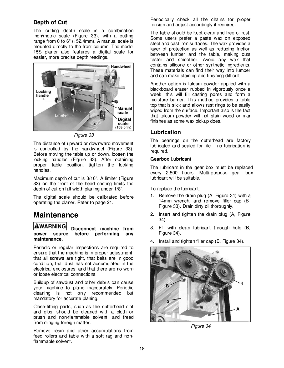 Powermatic 15S, 15H operating instructions Maintenance, Depth of Cut, Lubrication, Gearbox Lubricant 