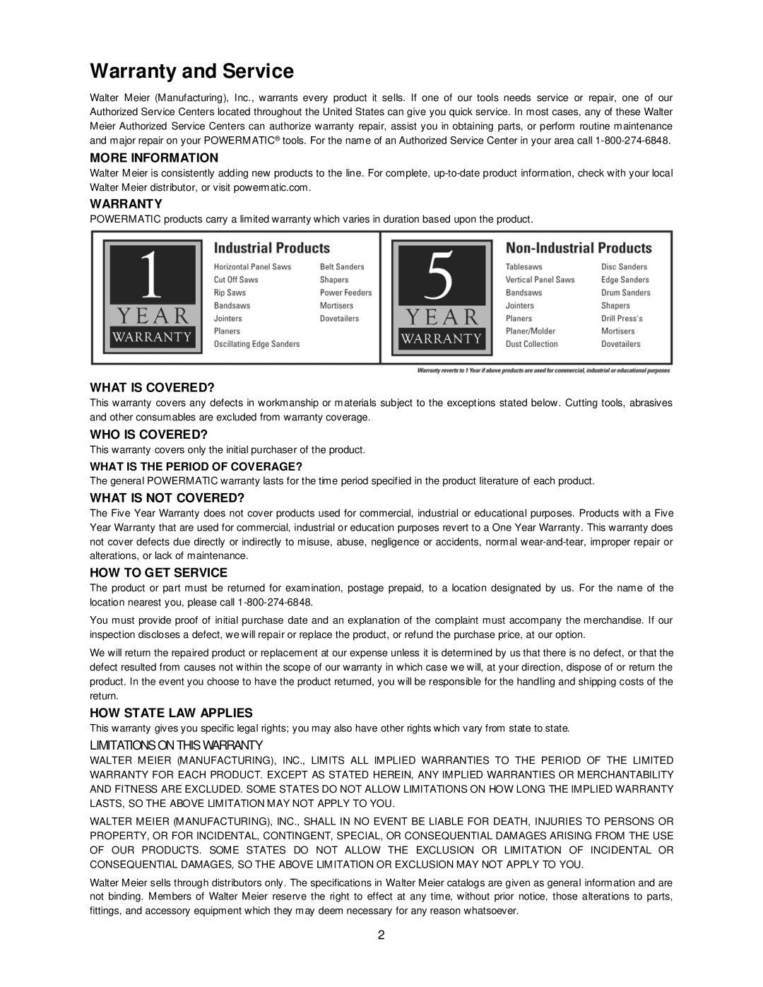 Powermatic 15S, 15H operating instructions Warranty and Service, More Information 