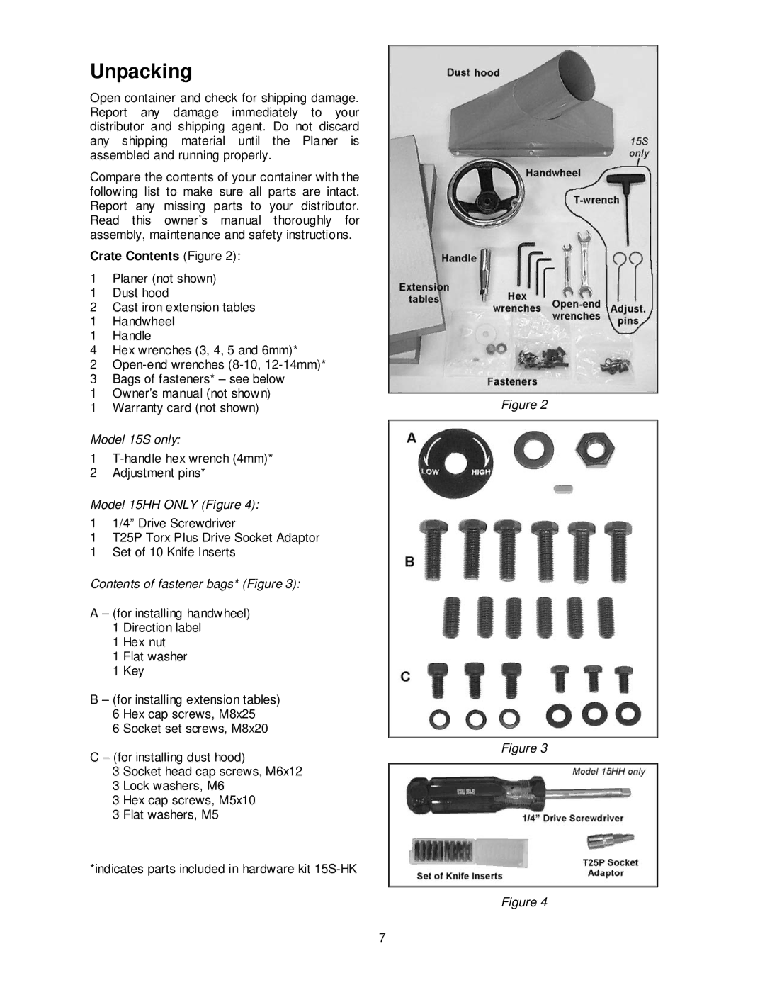 Powermatic 15H, 15S operating instructions Unpacking, Crate Contents Figure 