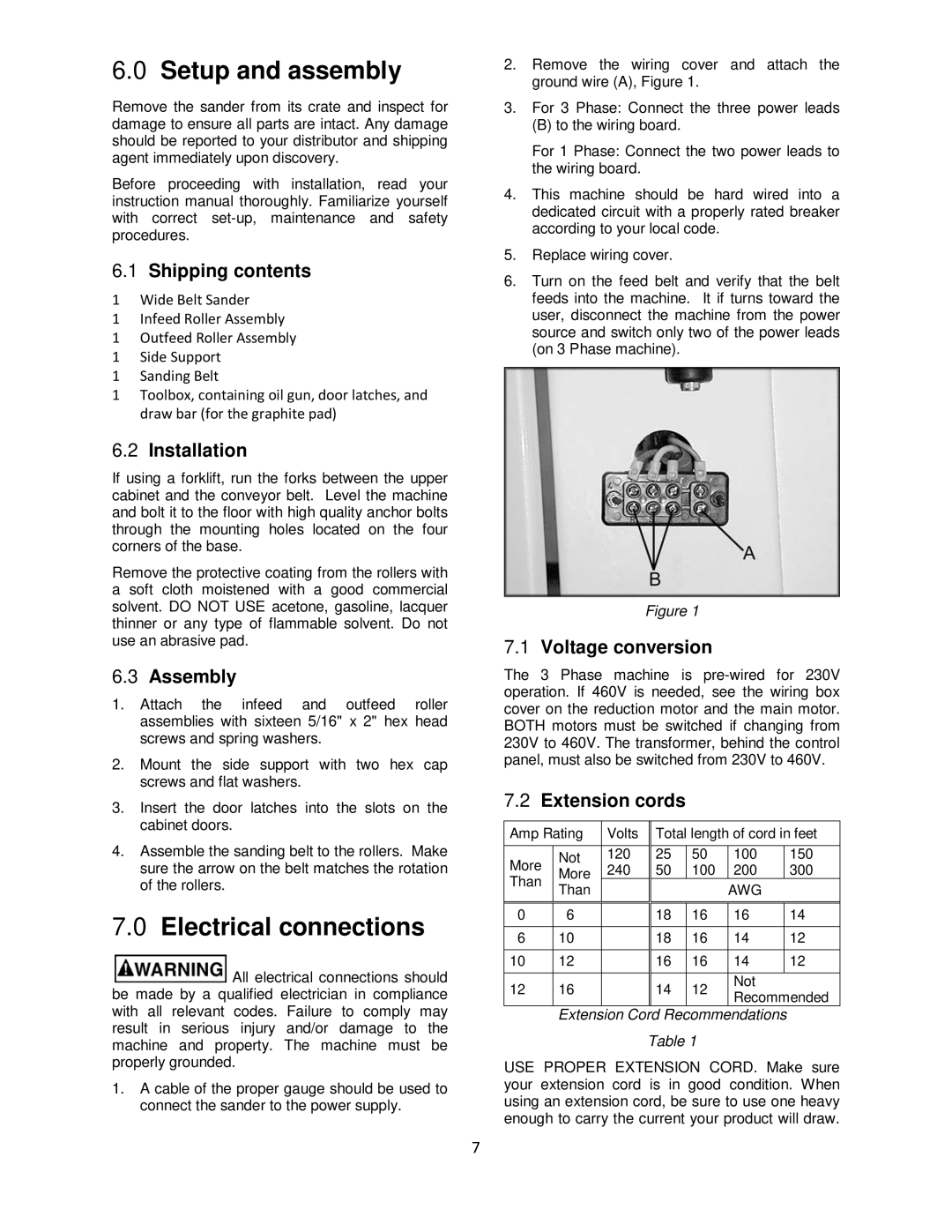 Powermatic 1632 operating instructions Setup and assembly, Electrical connections 