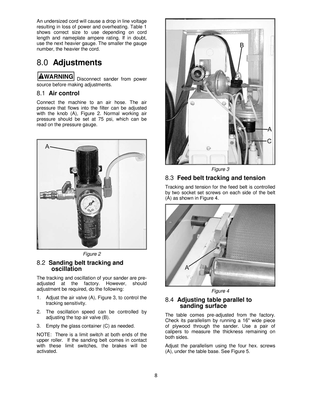 Powermatic 1632 Adjustments, Air control, Sanding belt tracking and oscillation, Feed belt tracking and tension 