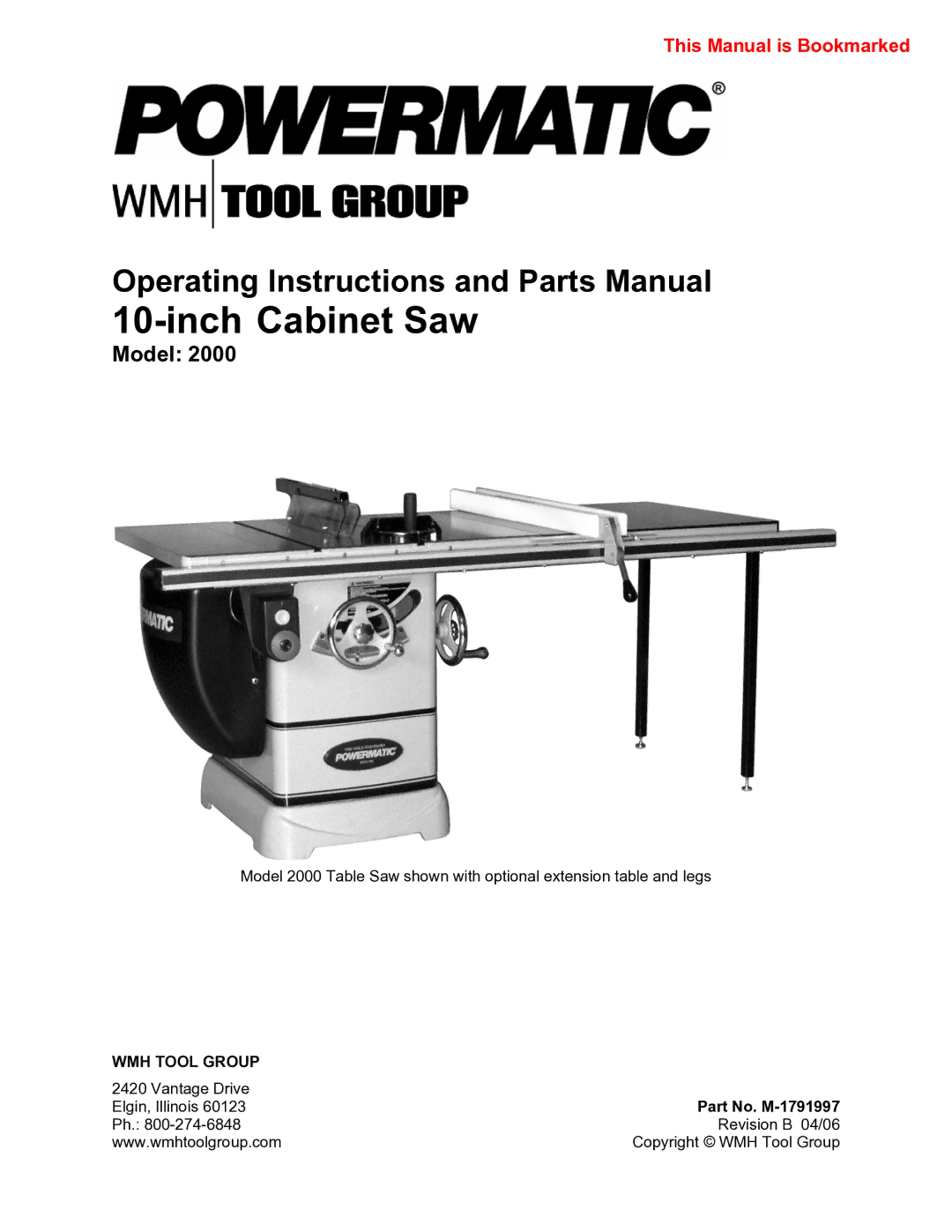 Powermatic 2000 operating instructions Inch Cabinet Saw 