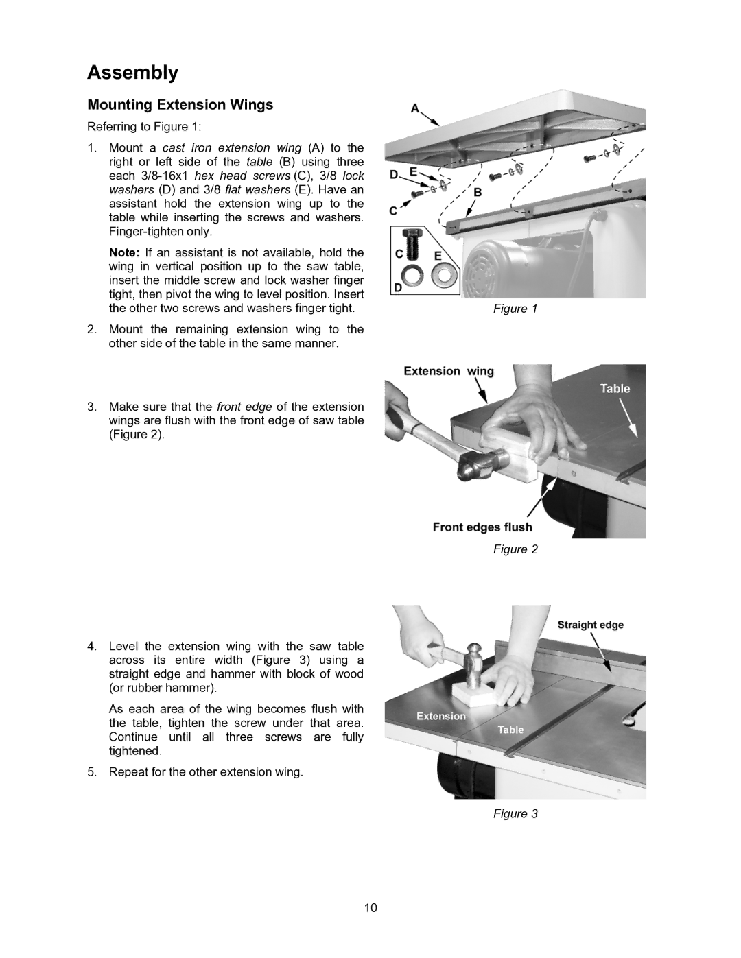 Powermatic 2000 operating instructions Assembly, Mounting Extension Wings 