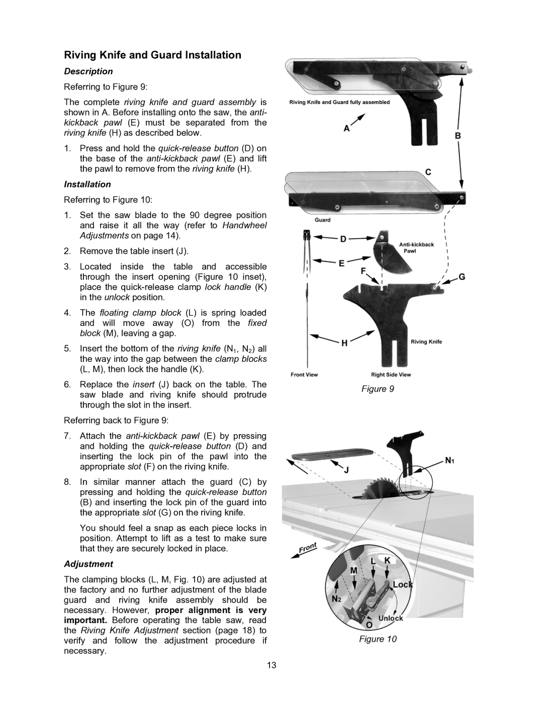 Powermatic 2000 operating instructions Riving Knife and Guard Installation, Description 