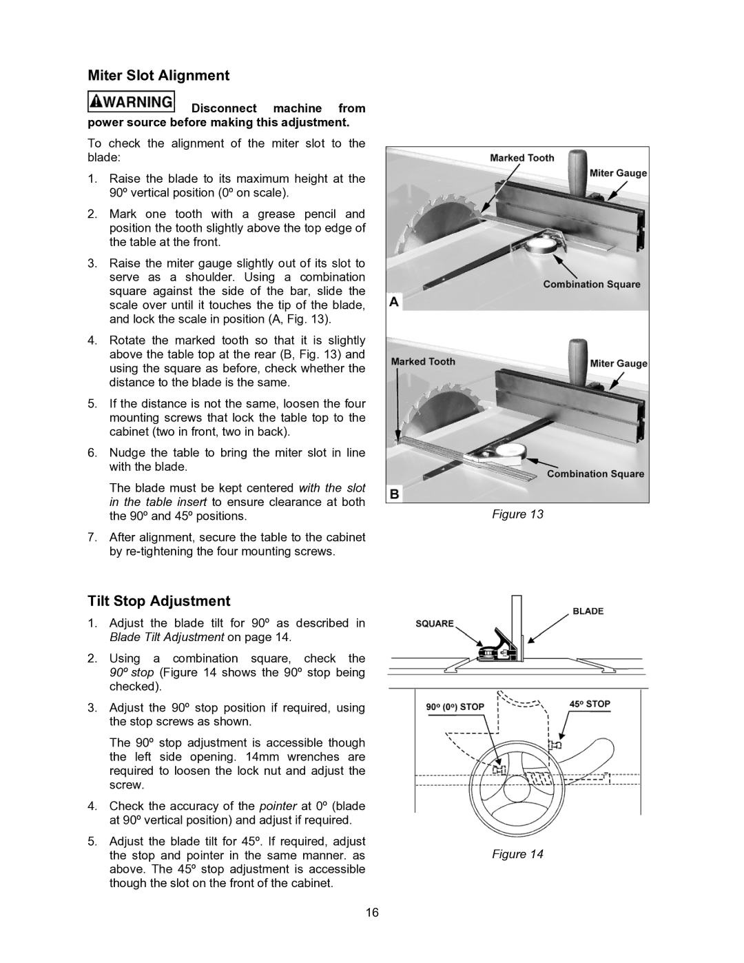 Powermatic 2000 operating instructions Miter Slot Alignment, Tilt Stop Adjustment 