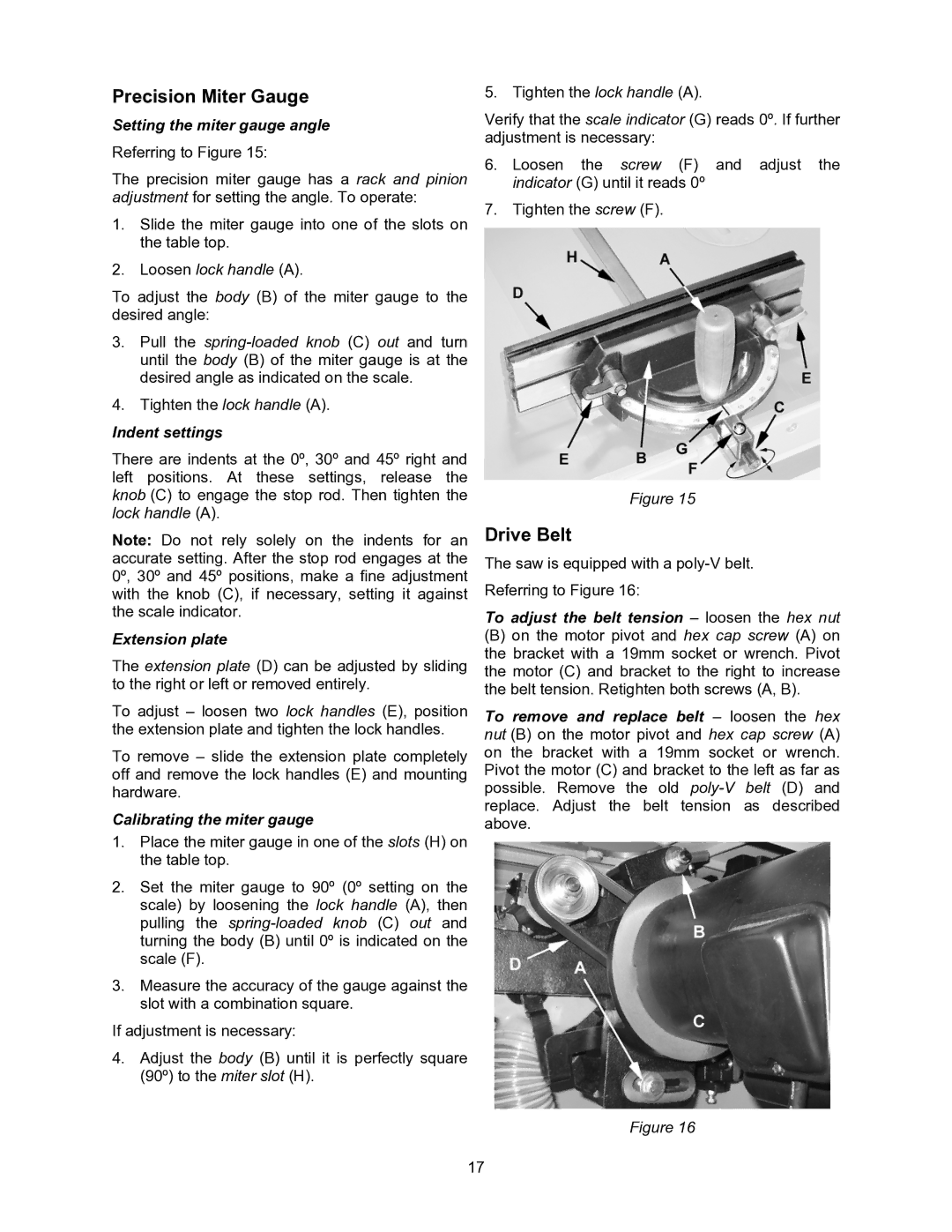 Powermatic 2000 operating instructions Precision Miter Gauge, Drive Belt 