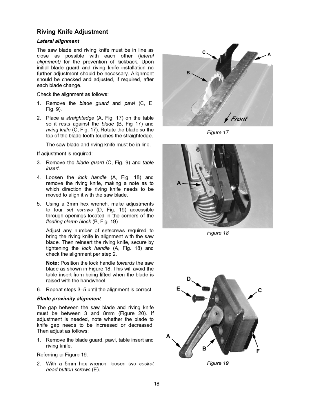 Powermatic 2000 operating instructions Riving Knife Adjustment, Lateral alignment 