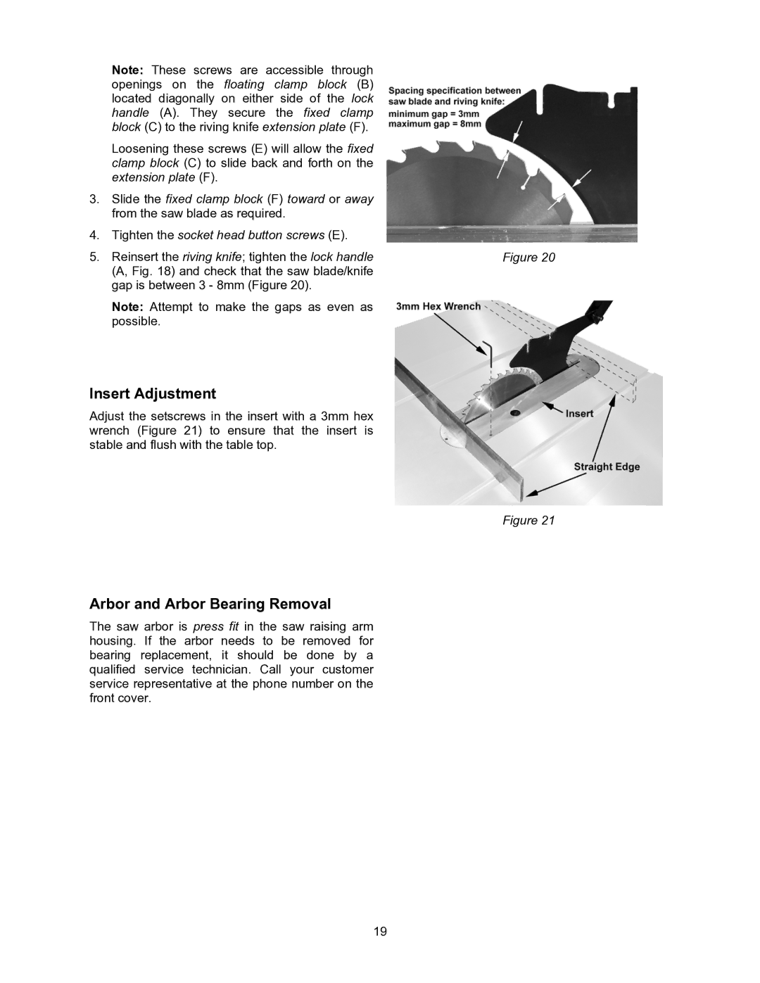 Powermatic 2000 operating instructions Insert Adjustment, Arbor and Arbor Bearing Removal 