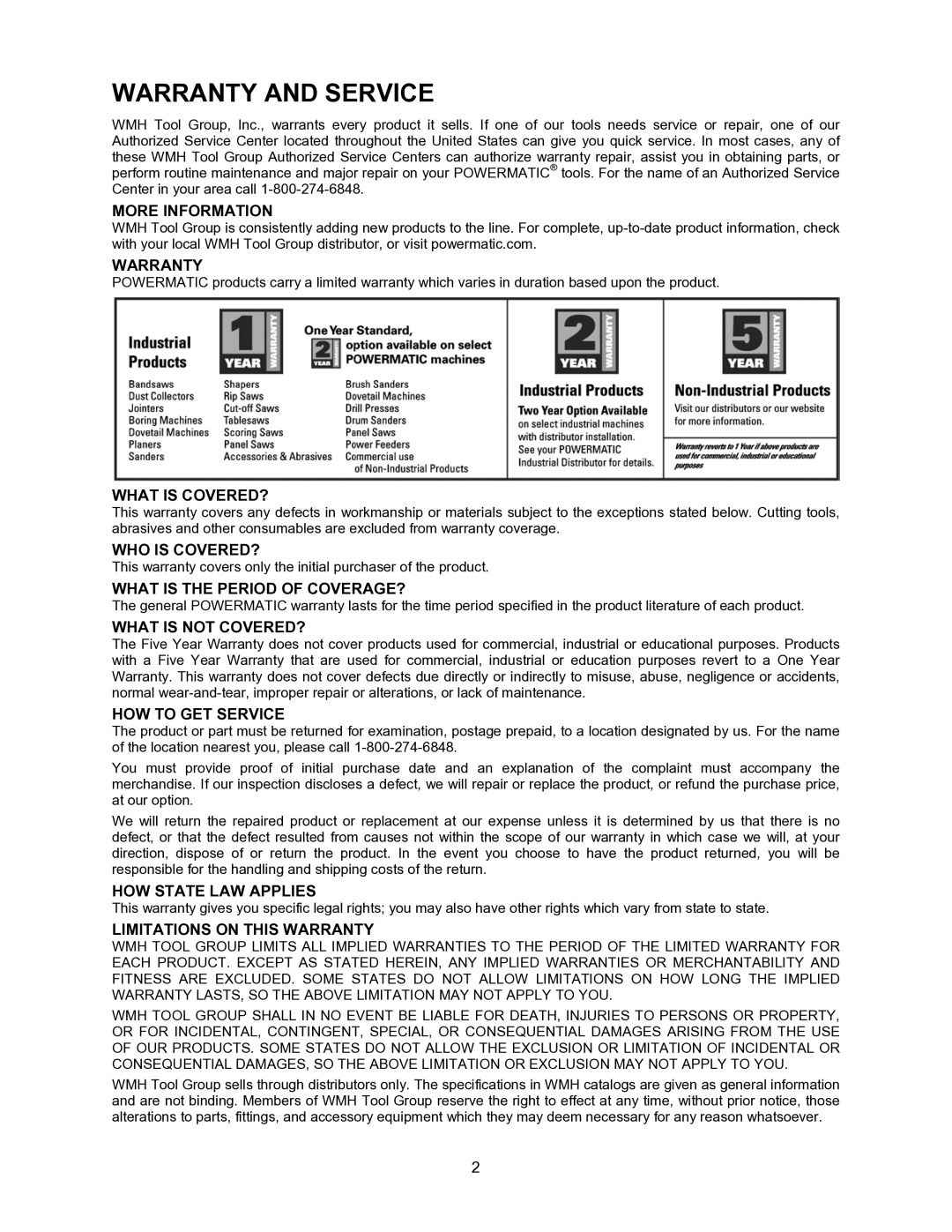 Powermatic 2000 operating instructions Warranty and Service 