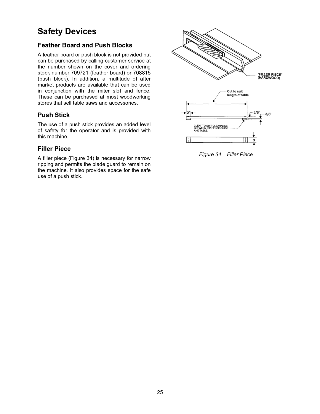 Powermatic 2000 operating instructions Safety Devices, Feather Board and Push Blocks, Push Stick, Filler Piece 