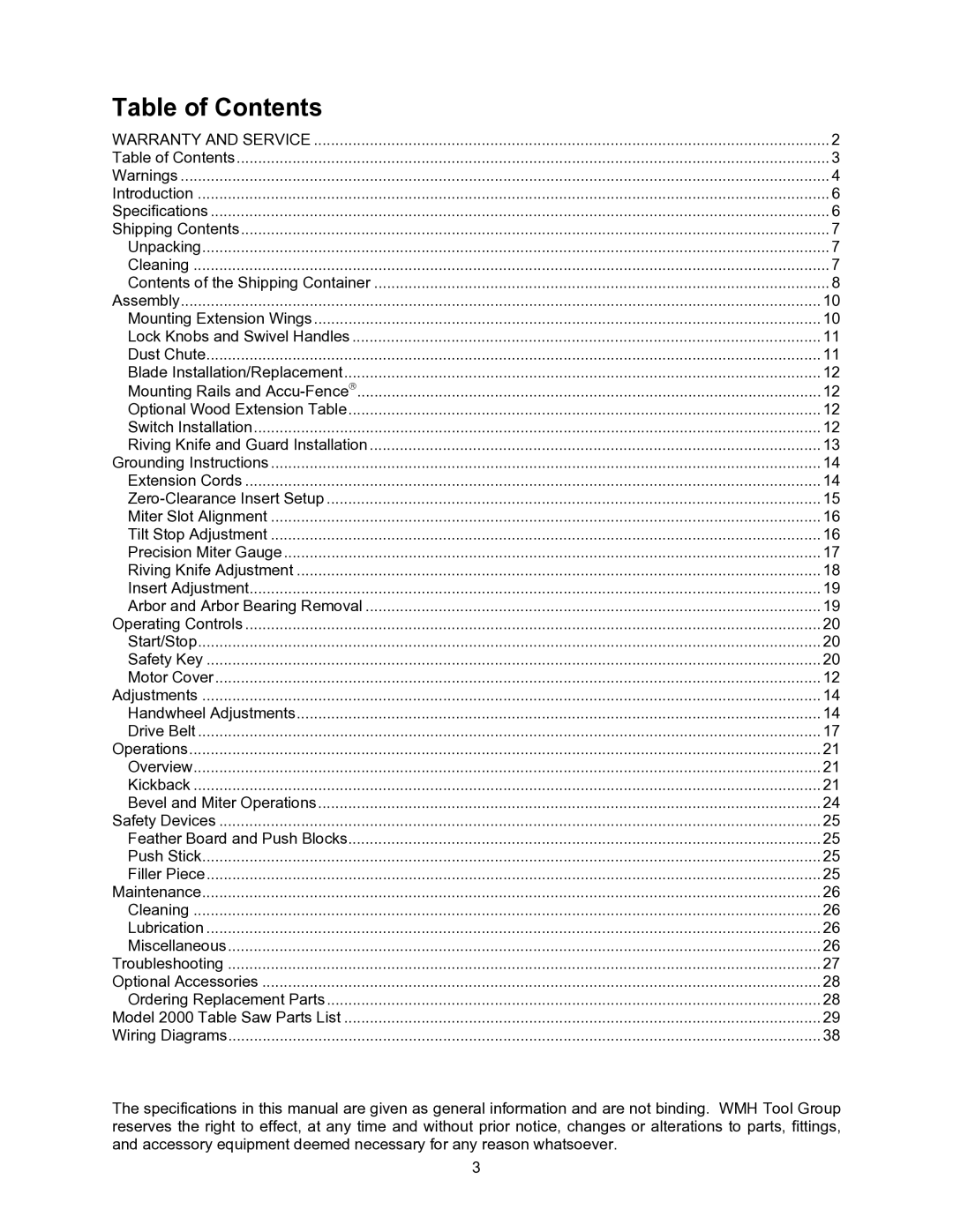 Powermatic 2000 operating instructions Table of Contents 